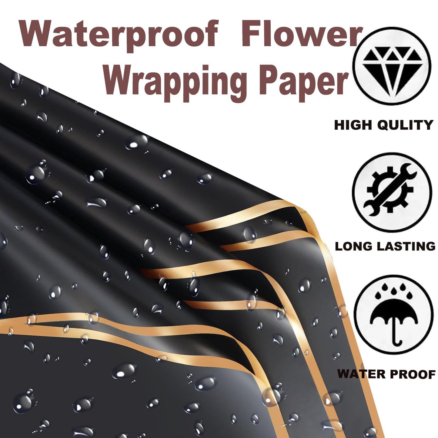 179Pcs Flower Wrapping Bouquet Paper Kit with 20 Sheets Black Floral Wrapping Paper,100 Pcs Diamond Bouquet Pins, 48Pcs 3D Gold Butterflies,1Roll Ribbon,10 Cards for Graduation Birthday Wedding DIY Craft