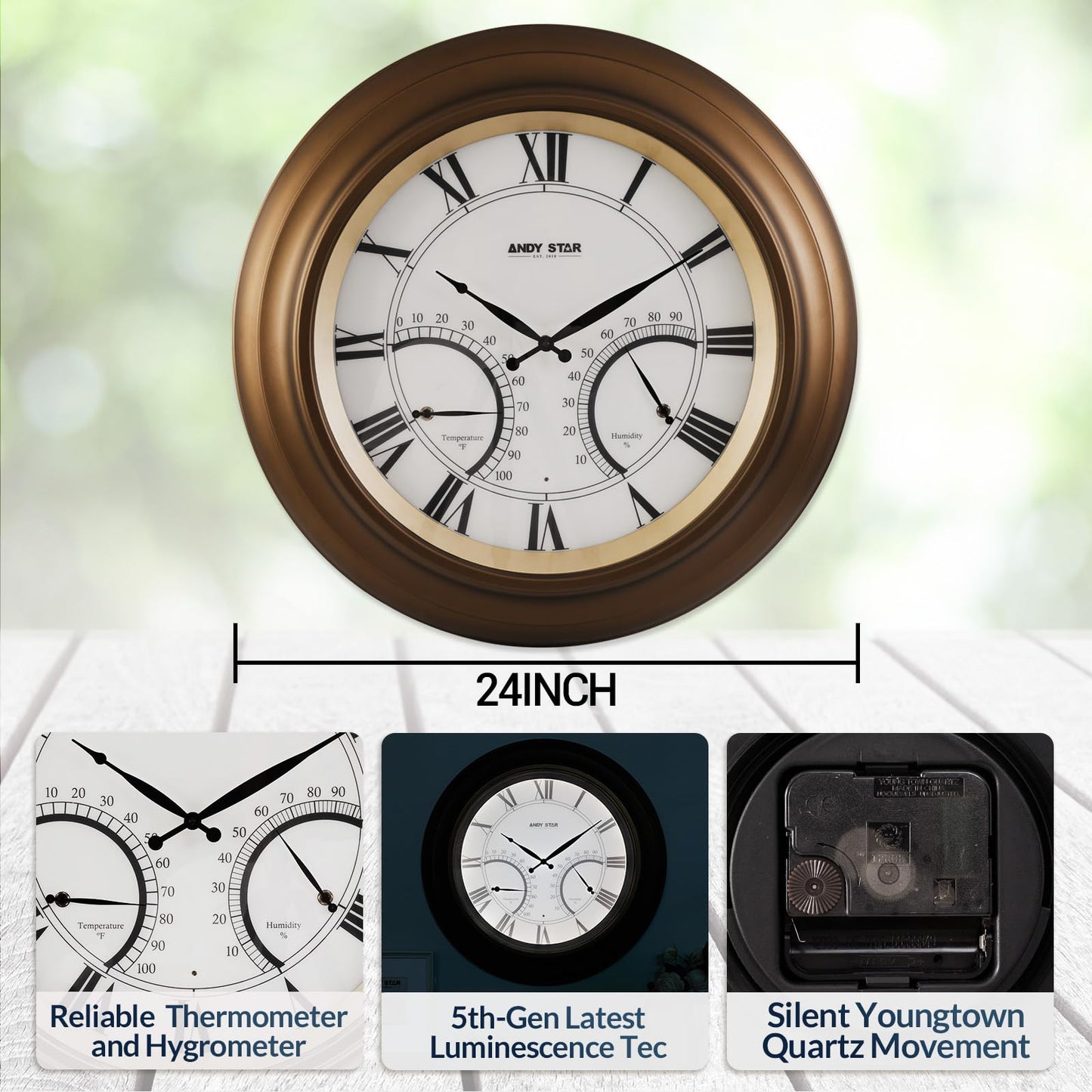 ANDY STAR 24 Inch Outdoor Clocks Waterproof,Large Outdoor Wall Clocks for Patio with Thermometer Combo, Silent Weatherproof Illuminated Metal Clock Battery Operated with Thermometer&Hygrometer, Bronze