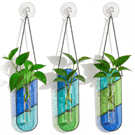 Hushee 3 Pcs Stained Glass Plant Propagation Station Hanging Window Propagation Station Planters with Glass Tubes Hydroponic Planter Terrarium Holder Window Decor for Indoor Home Garden Decor
