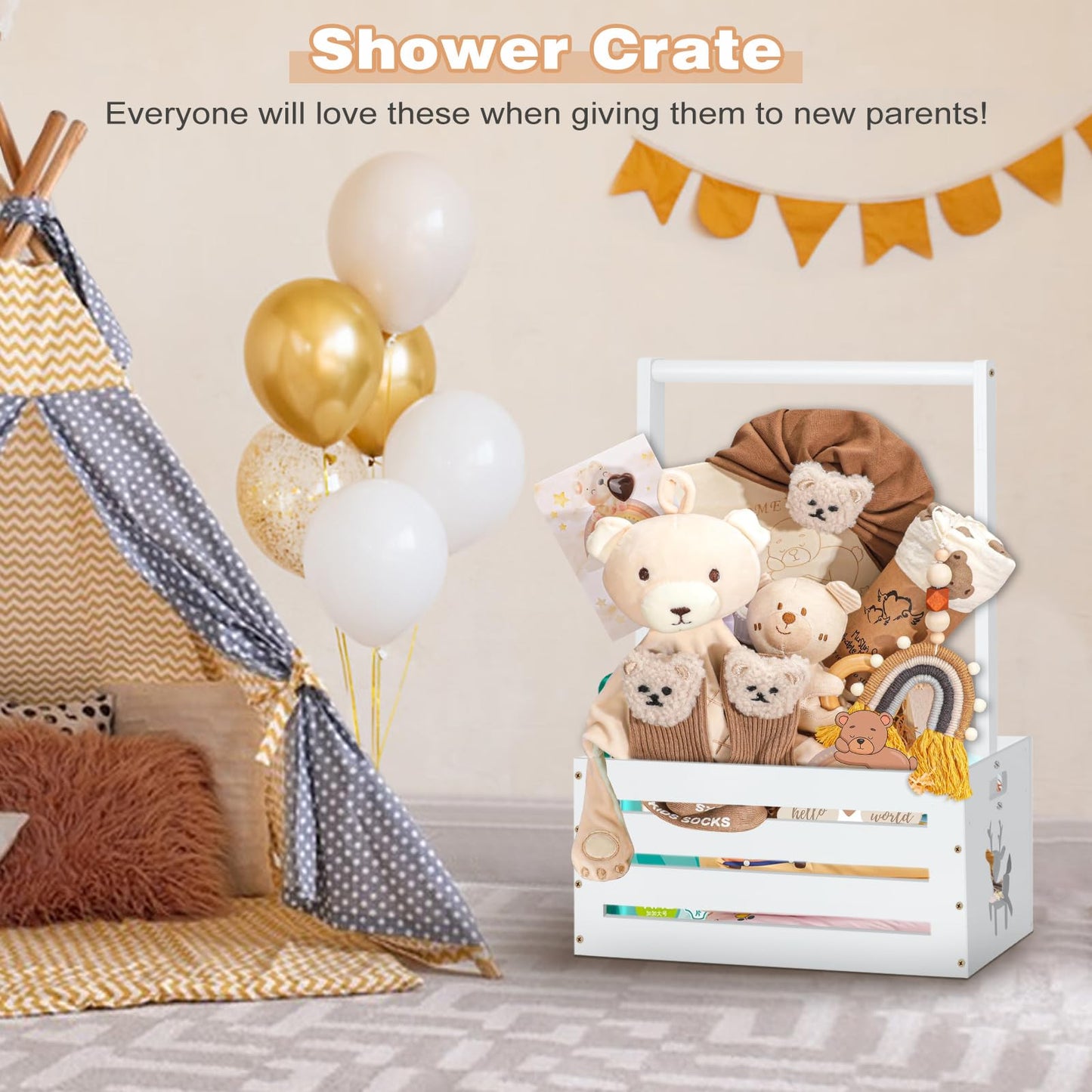 Wooden Baby Shower Crate Closet, Large Baby Toy Storage Basket with Handle, 30"x16"x11" for Newborn Boys Girls Pregnancy New Parents Gifts - White Color