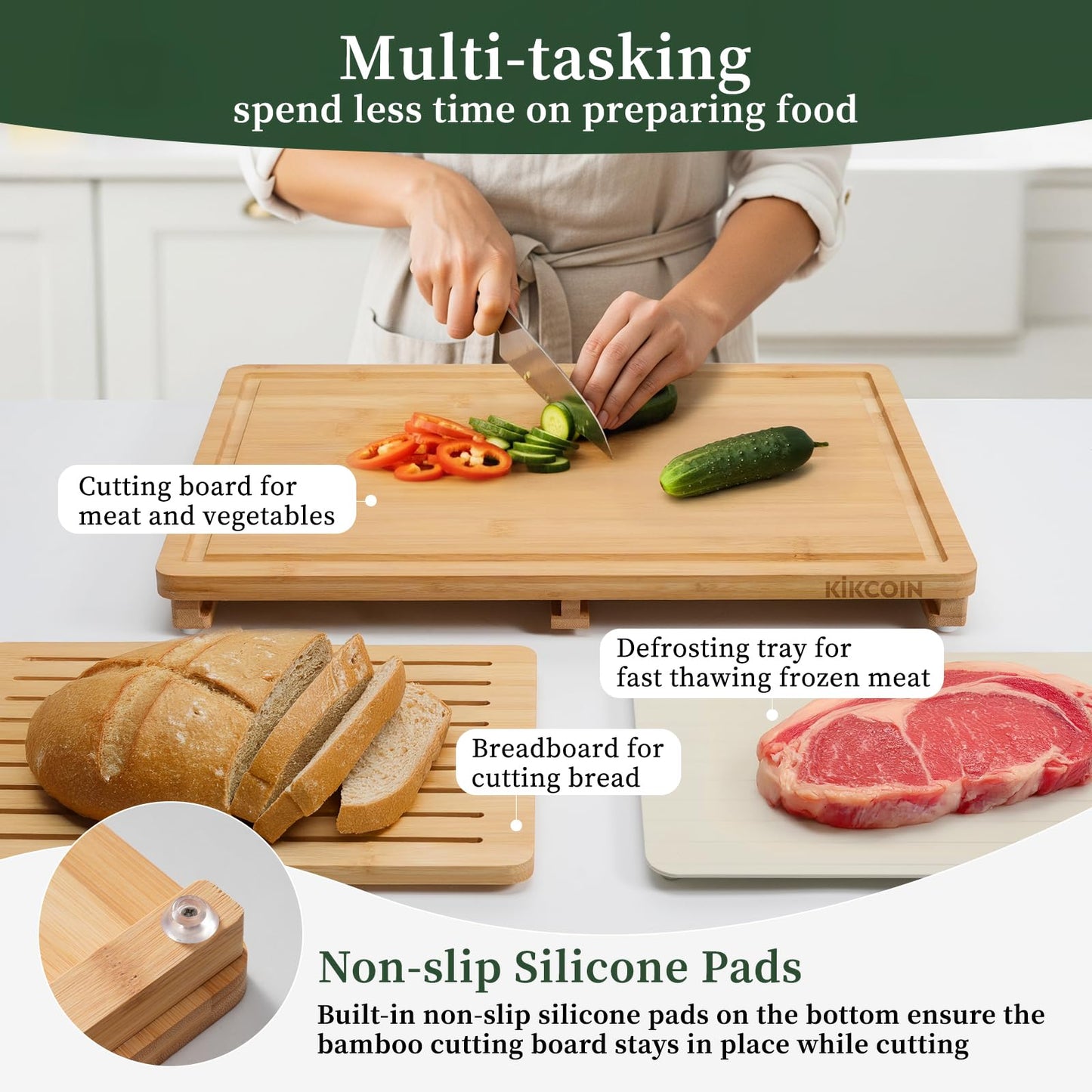 Kikcoin Bamboo Cutting Board Set with Defrosting Tray, Wood Cutting Boards for Kitchen with Deep Juice Grooves & Built-in Organizer Meal Prep Charcuterie& Chopping Board for Meat, Vegetables and Bread