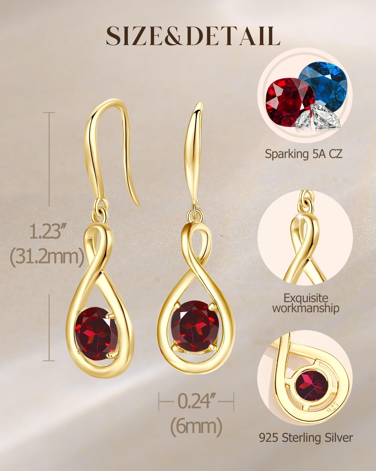 FANCIME Garnet Dangle Drop Earrings 925 Sterling Silver Yellow Gold Plated Dainty Infinity Red Gemstone Earring January Birthstone Fine Jewelry Birthday Mothers Day Gifts for Wife Her Women