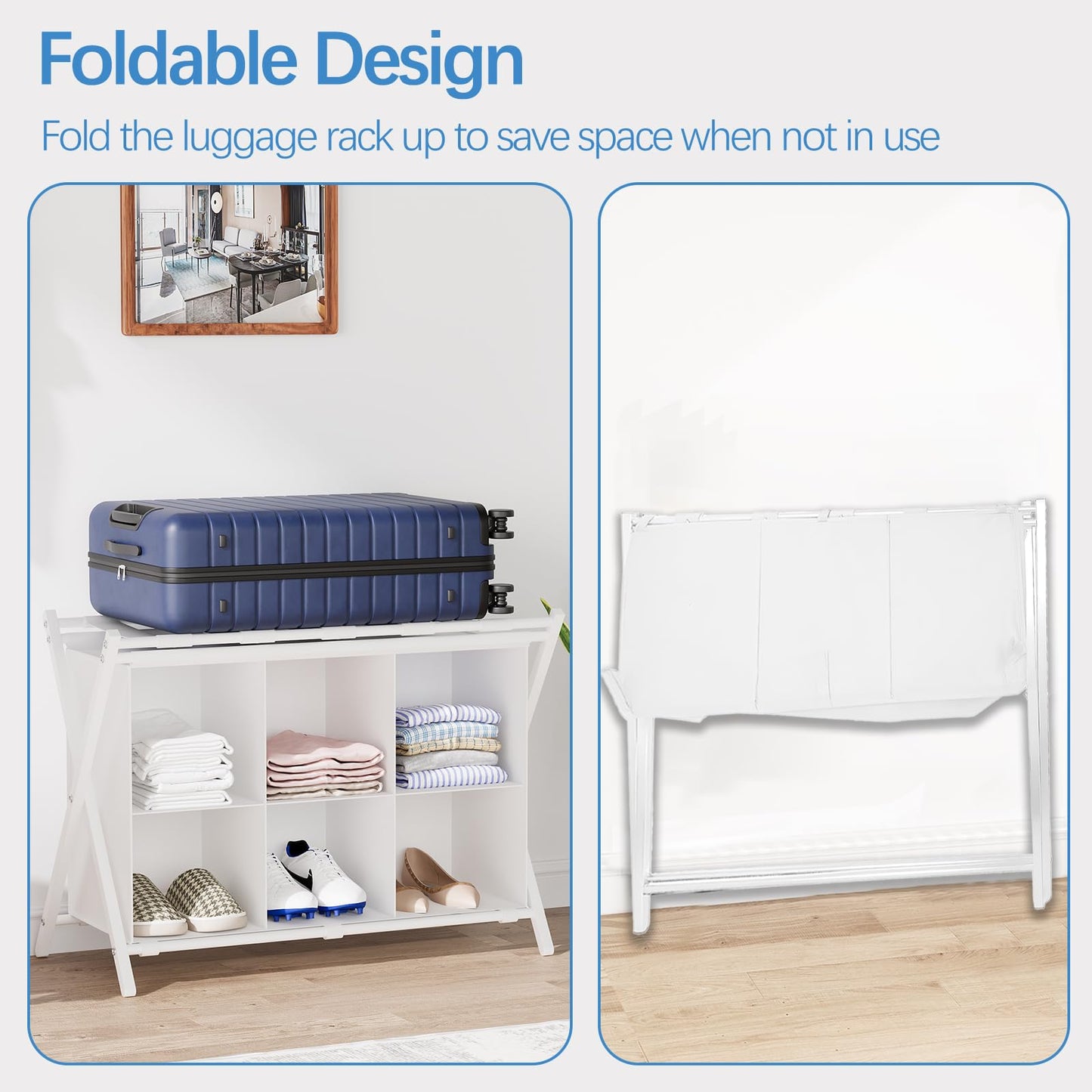 Huhote Luggage Rack for Guest Room, Folding Suitcase Stand with 6-Cube Fabric Storage Shelf, Luggage Holder, Steel Foldable Luggage Stand for Guest Room, Bedroom, Hotel, White