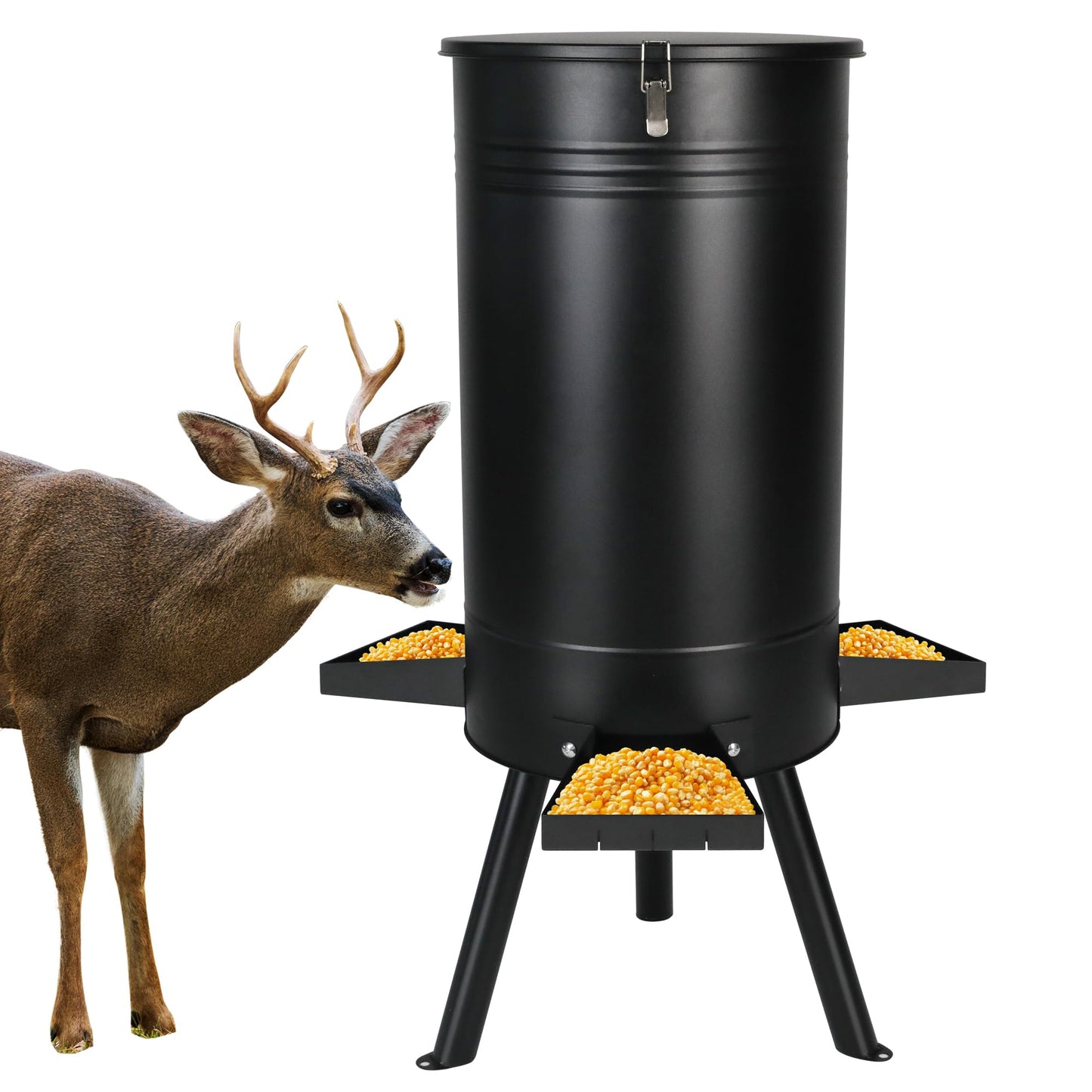 Solution4Patio 50-75 LB Large Metal Hunting Game Feeder, Heavy Duty Free Standing Deer Feeder, Portable Gravity Deer Feeder Automatic Dispenser, Weather-Proof (Black)