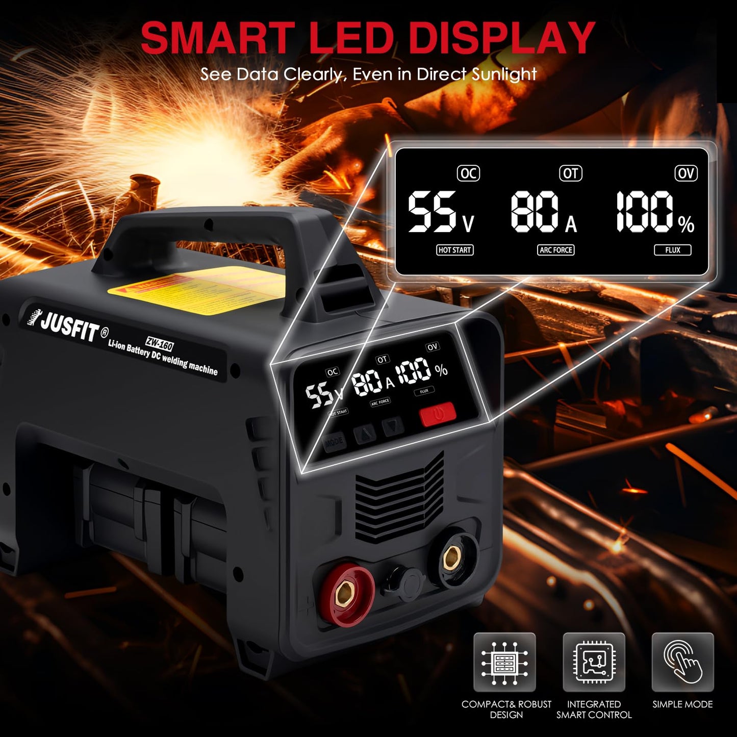 JUSFIT Cordless Welding Machine - MMA Stick Welder 160A, IGBT Inverter with 4x 8000mAh Batteries, LED Display, Hot Start, Portable for Industrial, Metal Fabrication, DIY