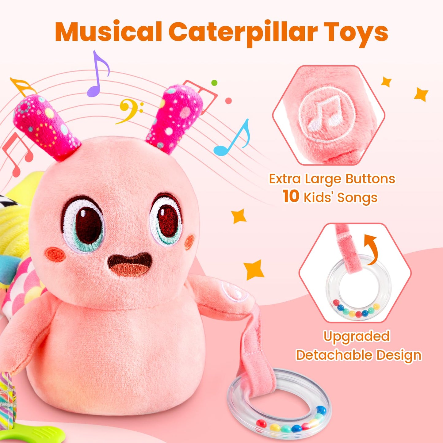 Baby Toys 0-6 Months, Washable Baby Musical Caterpillar Toys with 10 Children's Songs,Rattles,Teething Toys,Suitable for 0-6, 6-12 Months Infant Tummy Time Toy,Newborn Baby Boy&Gril Gifts(Light Pink)