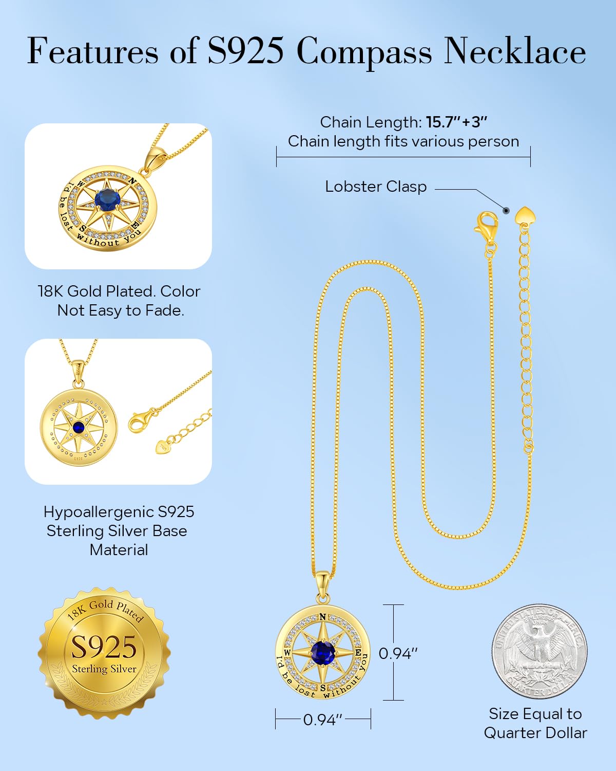 S925 Necklace Gift for Wife |Compass Jewelry |Women Anniversary |Sterling Silver |Girlfriend Birthday Necklaces for Her Valentines |I'd be Lost without You |Jewel 18K Gold Sept 09