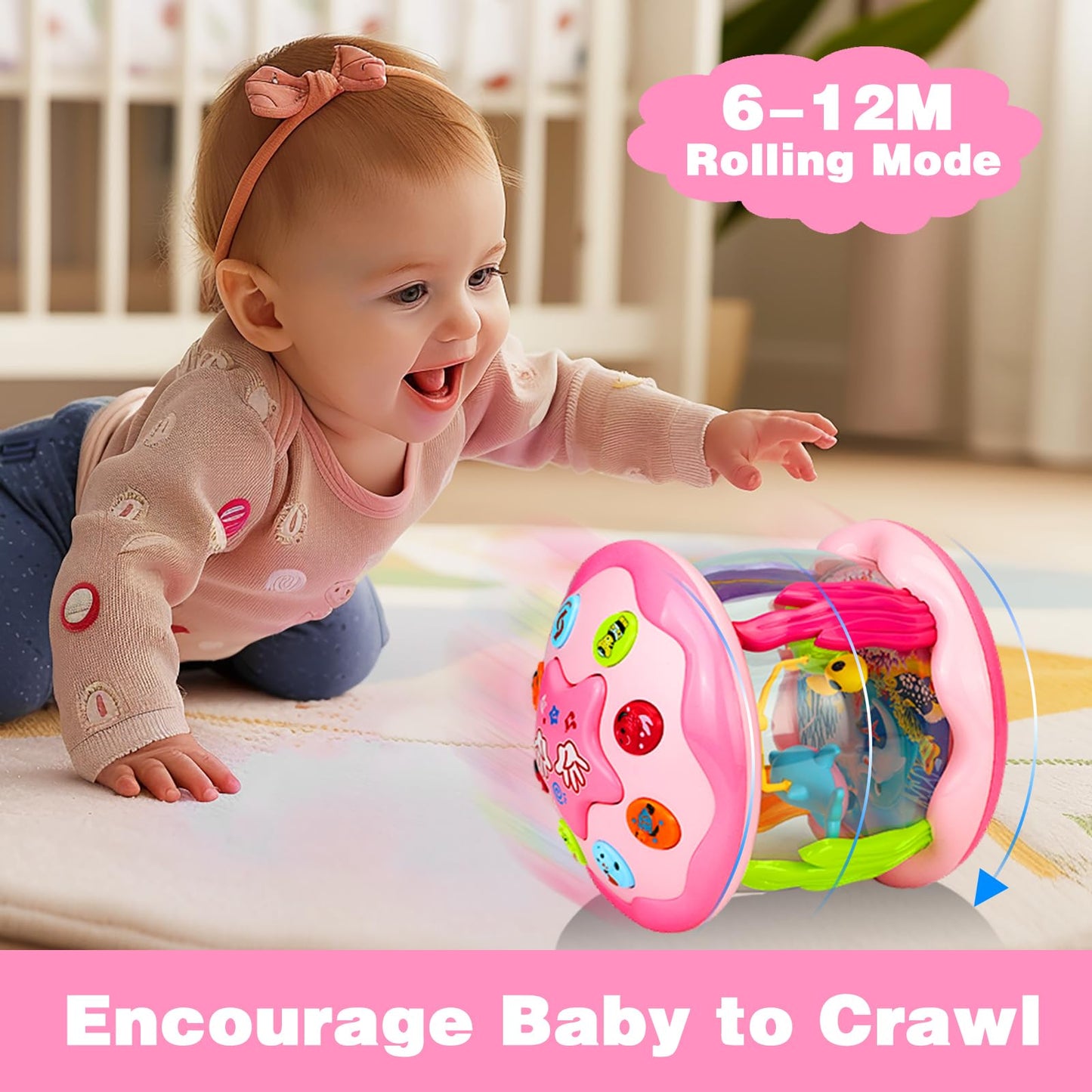 Avesa Baby Toys 6-12 Months Girl Gifts: Babies Ocean Rotating Light Up Musical Toys for Toddlers 1 2 Year Old Crawling Learning Infant Toy 6 7 8 9 10 11 12 Months Old Baby Girl Gift (Pink)