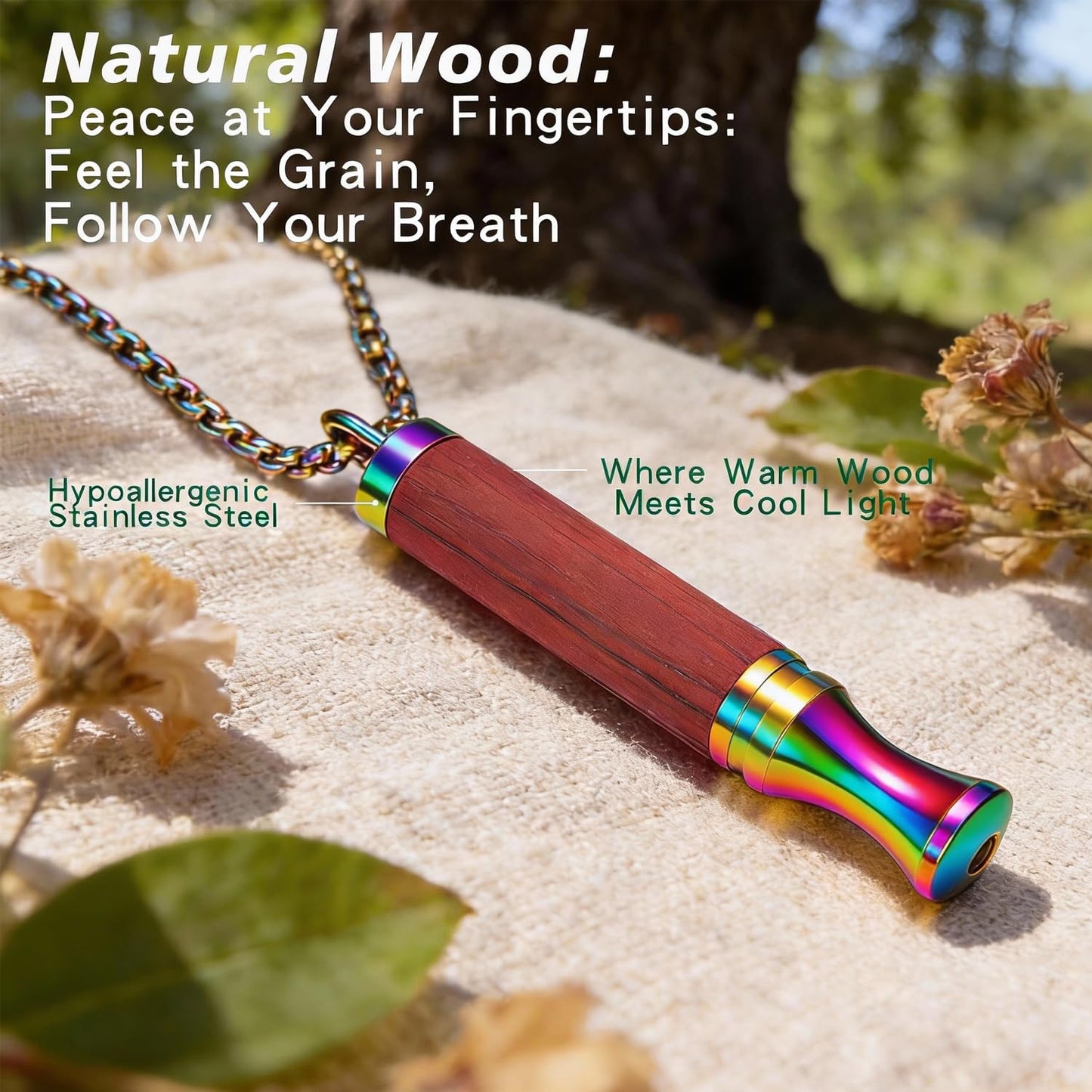 BOLAGTIER Mindful Breathing Necklace: Natural Wood Fidget Charm for Anxiety Relief & Quit Smoking Aid, Stainless Steel Sensory Pendant to Calm Your Mind (Rainbow)