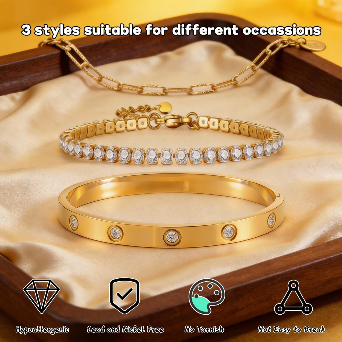 18K Gold Plated Paperclip Chain Tenni Bracelets Set, Stackable Rhinestone Bangle Bracelets for Women Tarnish Free Women's Trendy Jewelry Stainless Steel Hand Chain Bracelet Jewelry Gift Set for Women