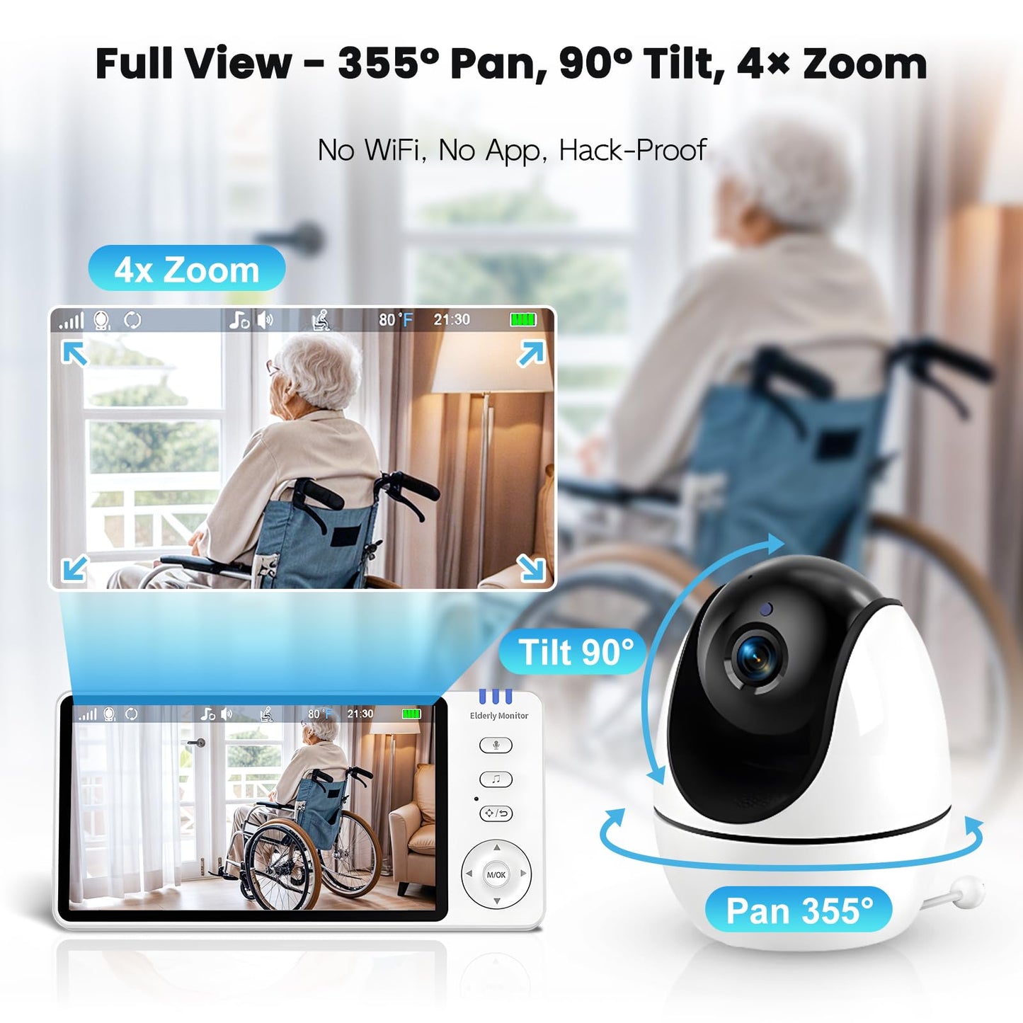 Elderly Monitor with Camera and Audio & Call Button, 2-Way Talk Room Monitors for Elderly, Med Reminder Temp Alert Baby Monitors for Elderly Care & Caregivers, PTZ Camera for Senior Monitoring/No WiFi