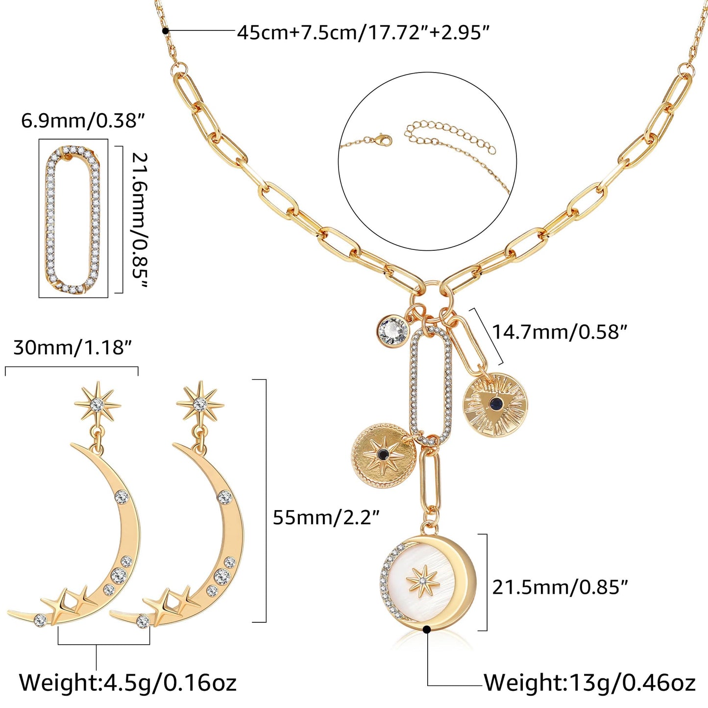 MISS RIGHT Charm Necklace for Women Star Moon Necklaces Earrings Jewelry Set, Crescent Moon Shell Charm Gold Paperclip Chain Necklace Moon Star Dangle Earrings Celestial Jewelry