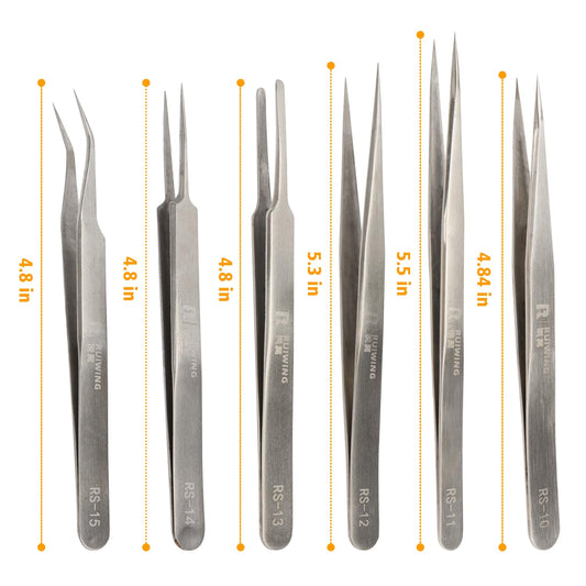 6 Pcs Precision Stainless Steel Tweezers Set, Thick RL Tweezers, Straight Curved Tips, for Electronics, Jewelry, Crafts, Laboratory Work, Precision Tools