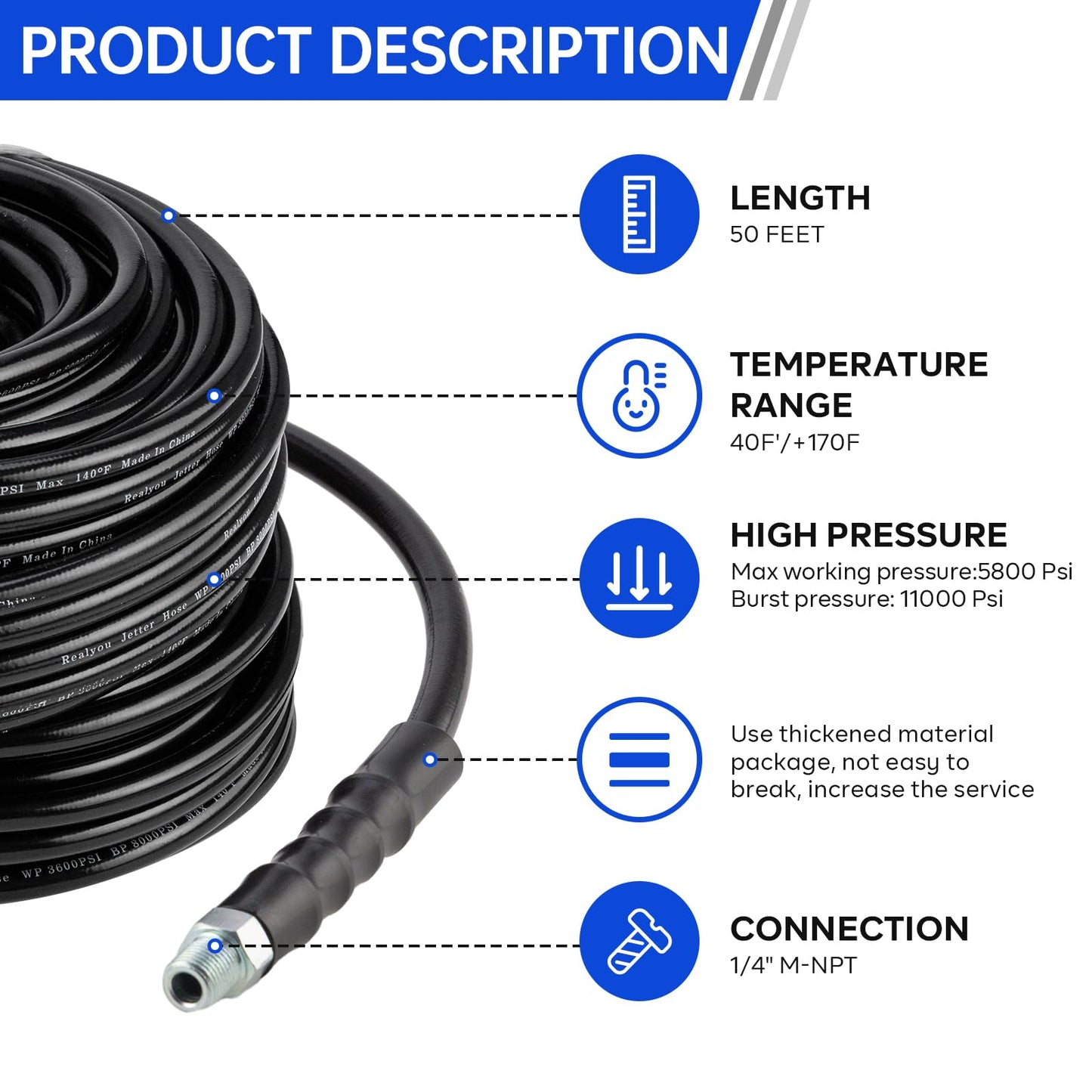 Sewer Jetter Kit 50FT for Pressure Washer, Pressure Washer Drain Jetter with 5800PSI Cleaner Hose 1/4 Inch NPT, Corner, Rotating & Button Nose Sewer Jetting Nozzle Spanner Waterproof Tape Pearl Pin