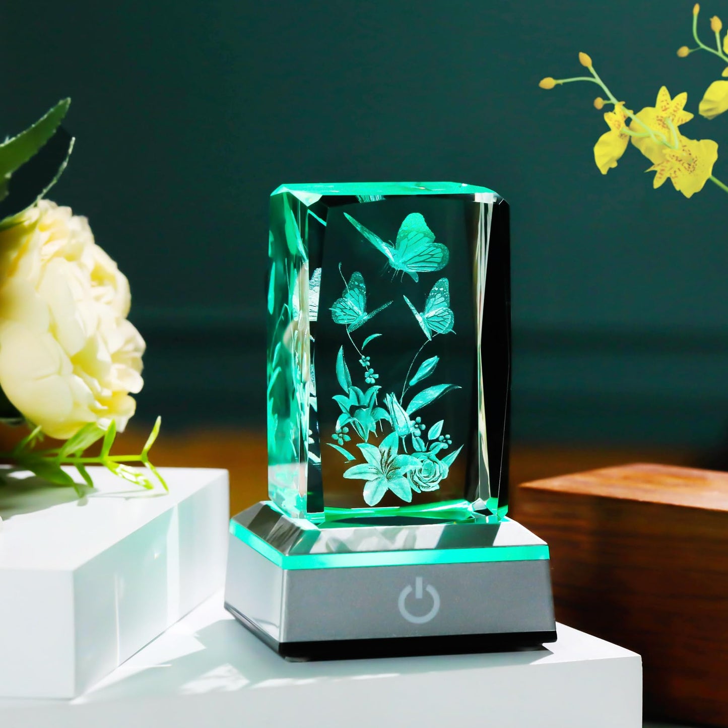 YWHL 3D Crystal Butterfly Gifts for Women, Laser Engraved Butterfly and Lily Flower Figurines with Light Base for Butterfly Lovers Nature Lovers, Gifts for Birthday Christmas
