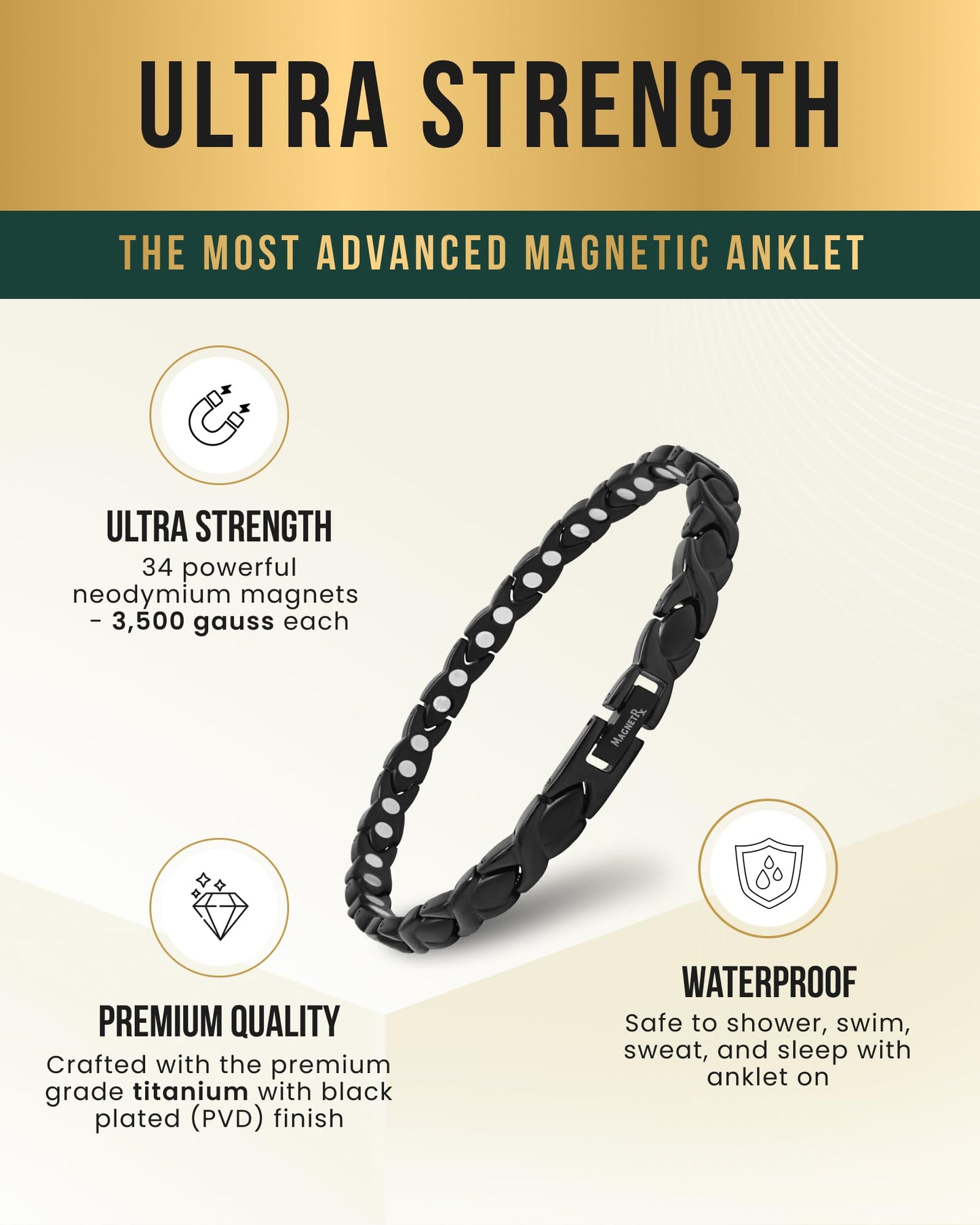 MagnetRX Womens Magnetic Ankle Bracelet – Ultra Strength Magnetic Anklets with 34 Magnets – Titanium Ankle Bracelets for Women (Black)