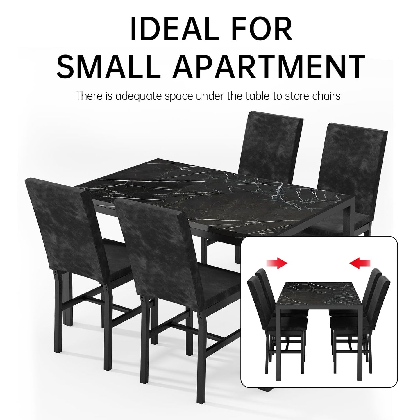 AWQM Products 5-Piece Marble Dining Set, Modern Kitchen Table and Chairs for Dining Room, Compact Space Saving Furniture, Dinette, 4 Upholstered Velvet Chairs - Black