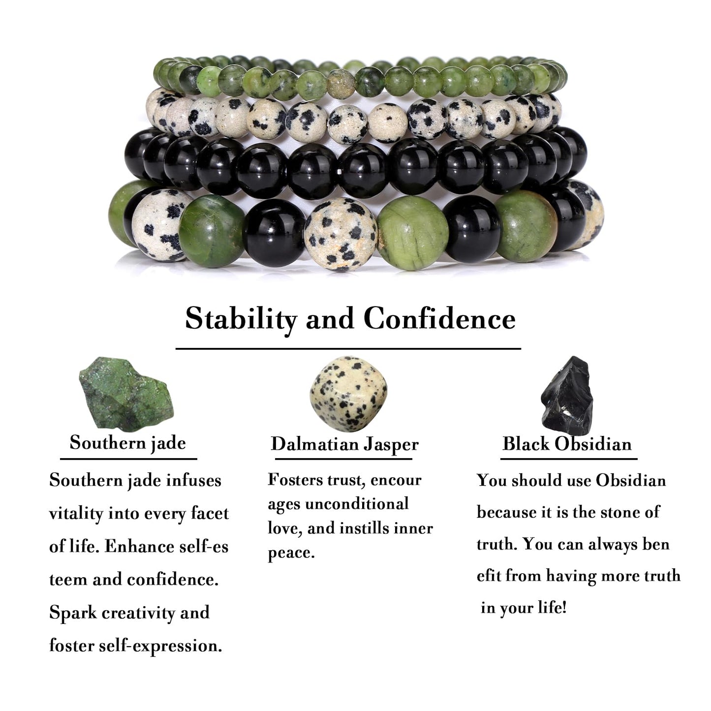 Vinswet 4pcs Natural Stone Beaded Bracelets for Women Men,Healing Crystal Gemstones Stretch Bracelet,4mm 6mm 8mm 10mm Southern jade Dalmatian Jasper Black Obsidian Anxiety Stress Relief Bracelet Jewelry Gifts