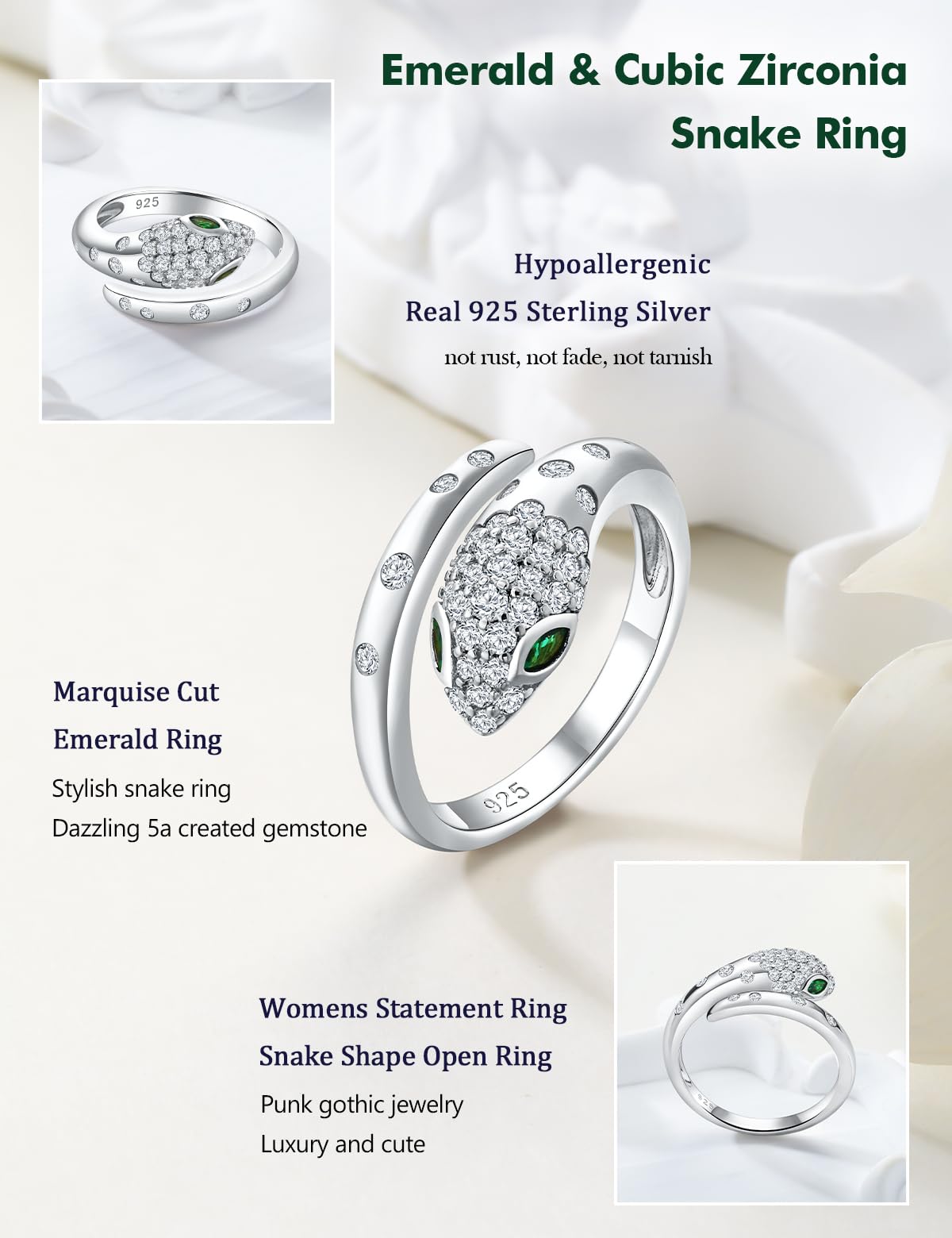 RANDES Womens Snake Ring Open Statement Punk Gothic Jewelry for Men 925 Sterling Silver Cubic Zirconia Cocktail Party Fashion Rings Size 9