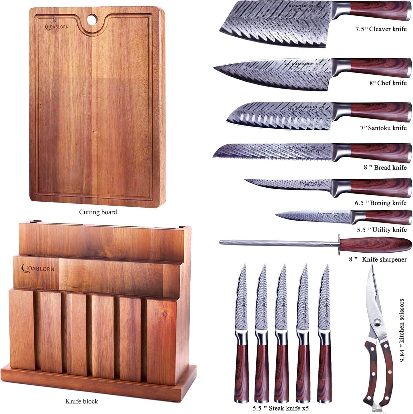 ChefHoablorn Damascus Knife Block Set – Premium 20-Piece Chef Knife Set with Extra Cutting Board & Wine Corkscrew, High Carbon Stainless Steel, Elegant Housewarming Gift