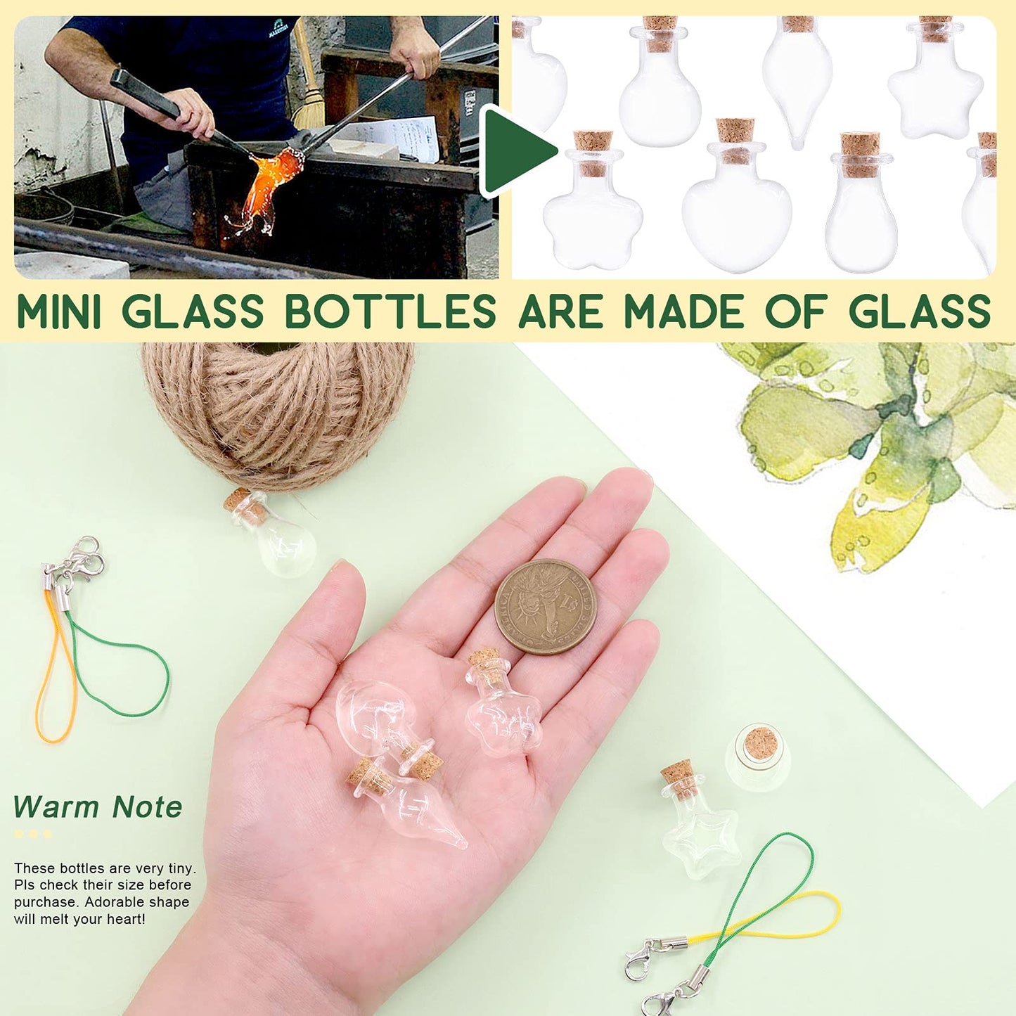 Keadic 119 Pcs 6 Shapes Mini Tiny Clear Glass Jars Bottles Set Includes Wish Bottles Glass Favors Jars with Cork Stoppers, Eye Screws, 32 Yards Twine for Arts Crafting, Projects, Decor, Party Favors