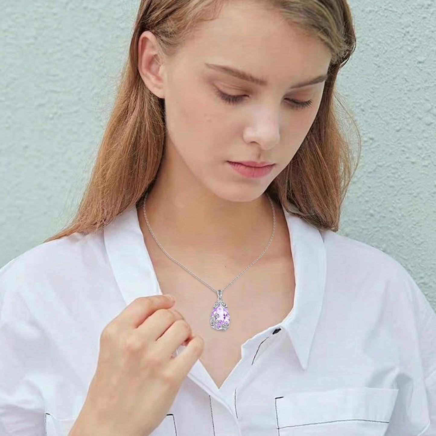 POPLYKE Sterling Silver Birthstone Filigree Teardrop Necklace Filigree Pendant Jewelry Gifts for Women
