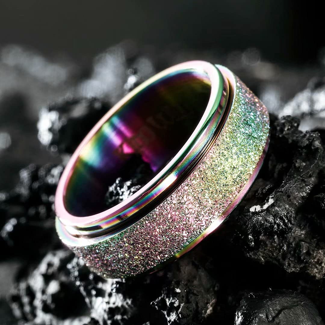 King Will Mens Fidget Ring Rainbow 8mm Stainless Steel Ring Spinner Ring For Men Women Stress Anxiety Relief Rotating Ring Finger Teens Toy Sand Blasted Comfort Fit For Unisex Adults 12.5