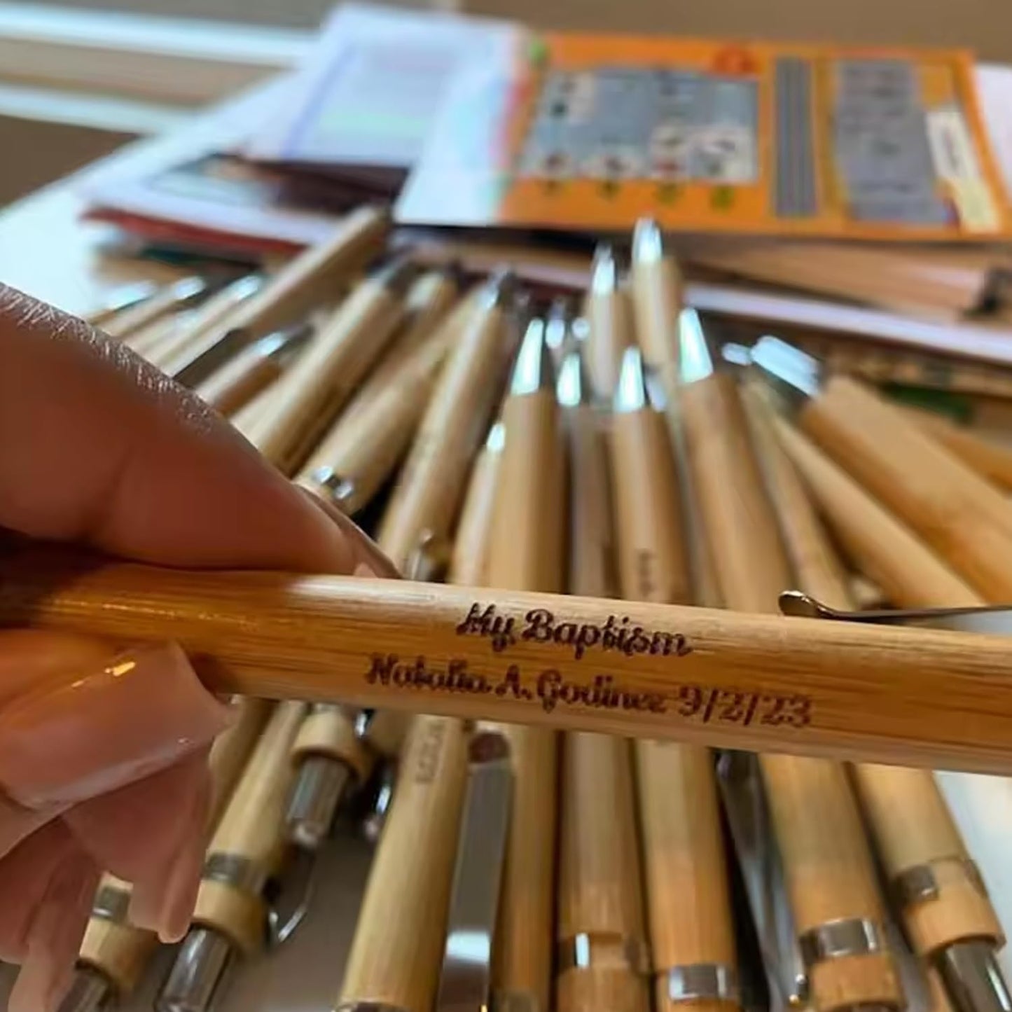 XFYSDIY Personalized Bamboo Ballpoint Pen, Custom Name, Text Logo Pen, Black Ink Office School Writing Stationery, Business Signature Pen For Guest Baby Shower Decoration Baptism Party Pen(20 pcs)