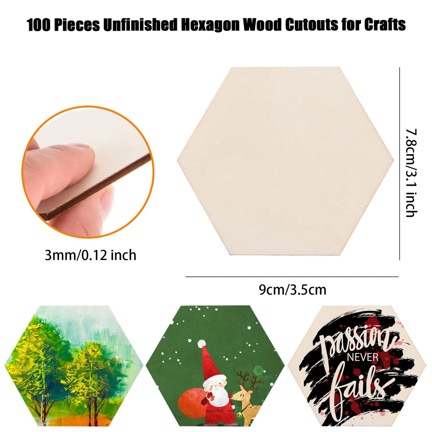 100 Pcs Unfinished Hexagon Wood Pieces Blank Wooden Hexagon Shape Cutouts Natural Wooden Tile Slabs Cutouts Slices for DIY Crafts Coaster Holiday Wall Home Decoration Painting Staining,3.5 x 3.1 Inch