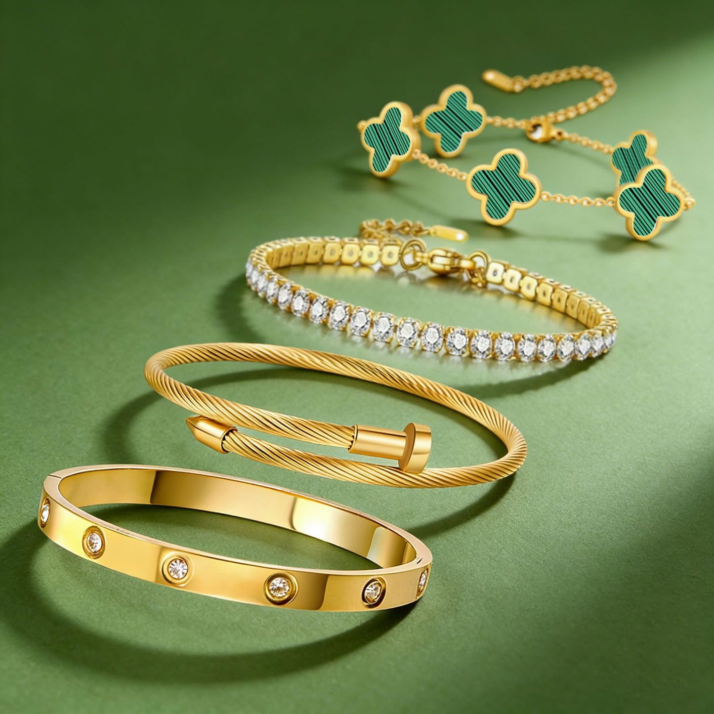 Gold Bracelets for Women, 18K Gold Plated Women Tennis Bracelets Clover Nail Love Bangle Bracelet Set, Gold Bracelet Stackable Set Trendy Jewelry, Gifts for Women's Day and Mother's Day (11-Color- 4 Green)