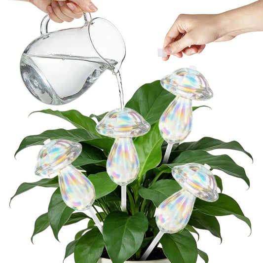youcoscos 4pcs Plant Watering Globes Self Watering Planter Insert Devices,Glass Watering Bulbs Mushroom Pattern Watering Globes for Indoor Plants Top-Fill Watering Rainbow Colors (Mushroom with Hole)