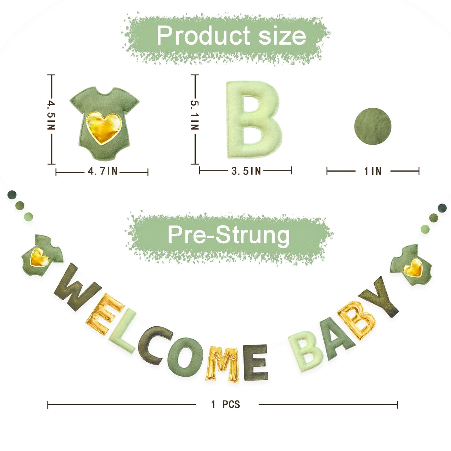 Sage Green Gold Baby Shower Decorations Pre-Strung Handmade Felt Metallic Gold Welcome Baby Sign Baby Clothes Wool Felt Ball Banner for Neutral Baby Shower Party Nursery Home Fireplace Room Decor