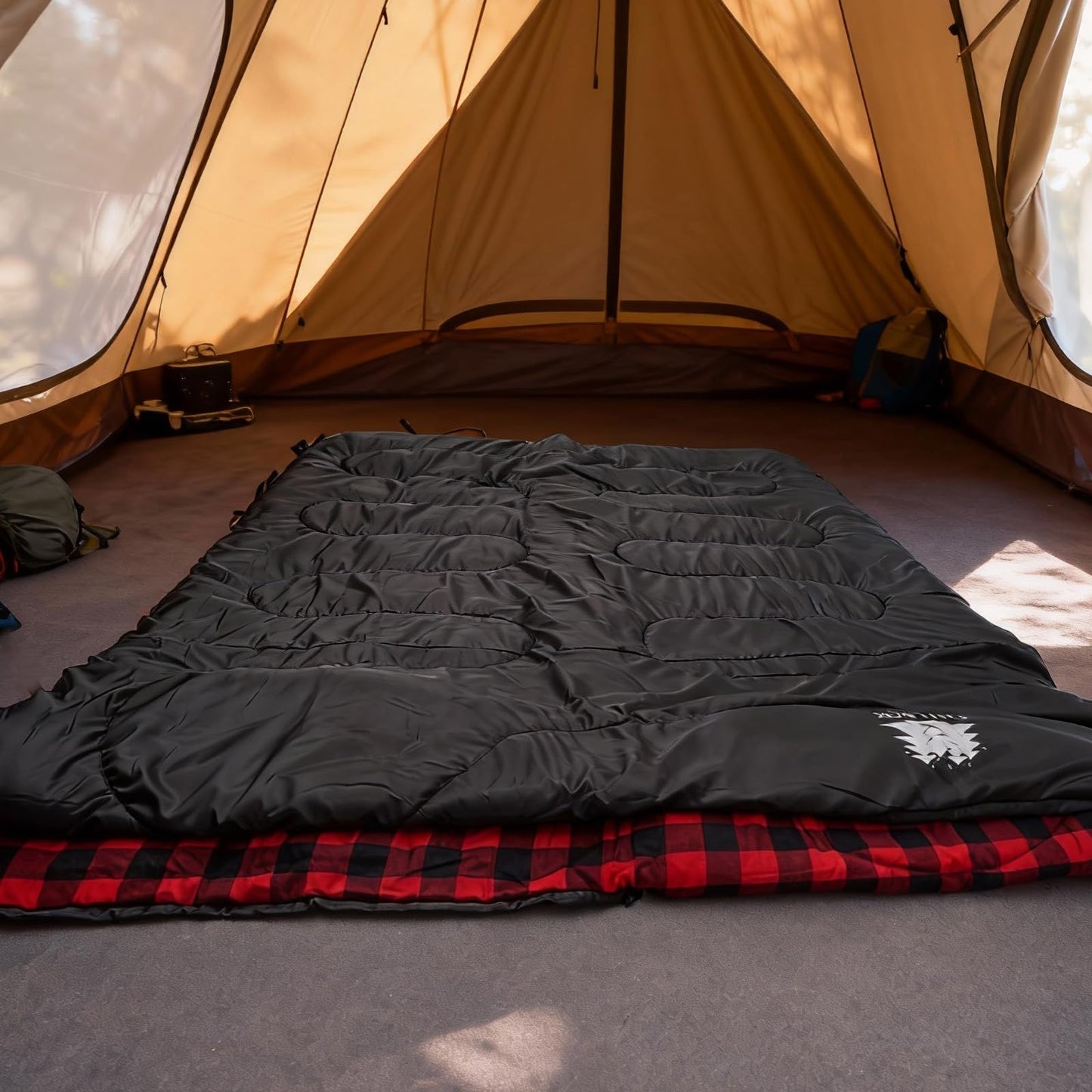 FJALLNOK Warm & Cold Weather Sleeping Bag,100% Cotton Flannel,Extra-Large for Adults & Kids,Lightweight Waterproof for Camping Hiking and Backpacking,Free Compression Sack (0-32℉- Black/Red)