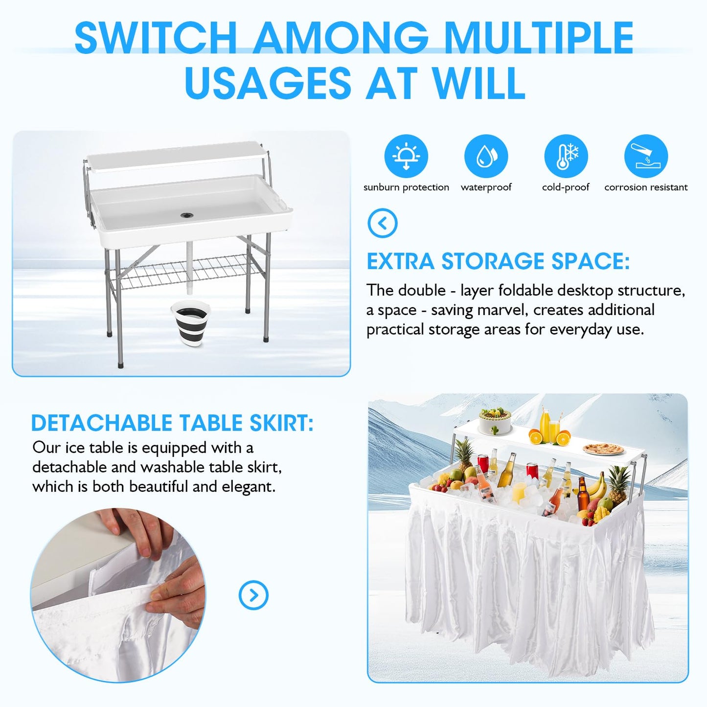 HLPB 4 FT Party Ice Cooler Folding Table with Folding Board, Outdoor ice Table with Skirt & Drain & Folded Buckets & Barbed Wire, Portable Foldable Bar Table for Party, BBQ, Camping, Picnic, White
