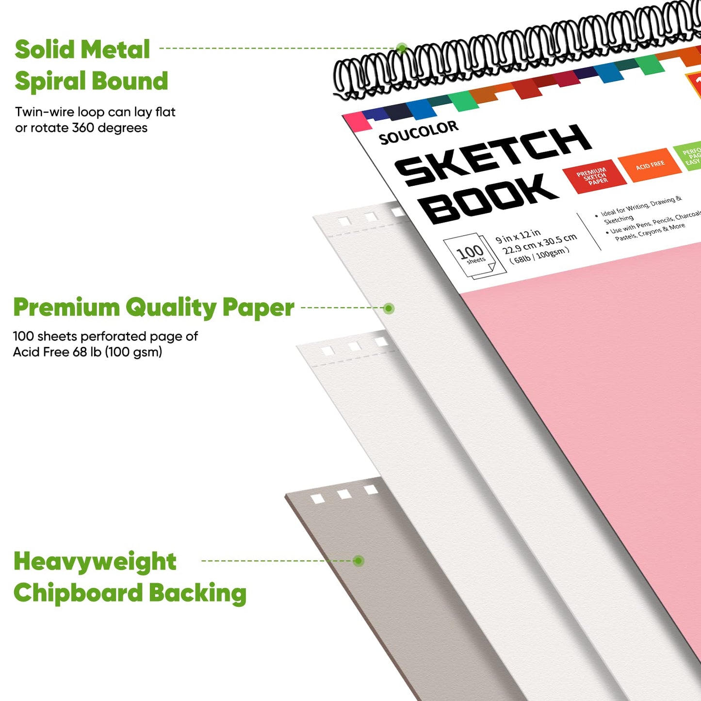 Soucolor Art Supplies Sketching Kit with 100 Sheets 2 Pack Sketchbook, Girl Gifts, Arts and Crafts for Kids Ages 8-12, School Supplies 9x12 Sketch Book Gifts for Kids Teens（Blue and Pink ）