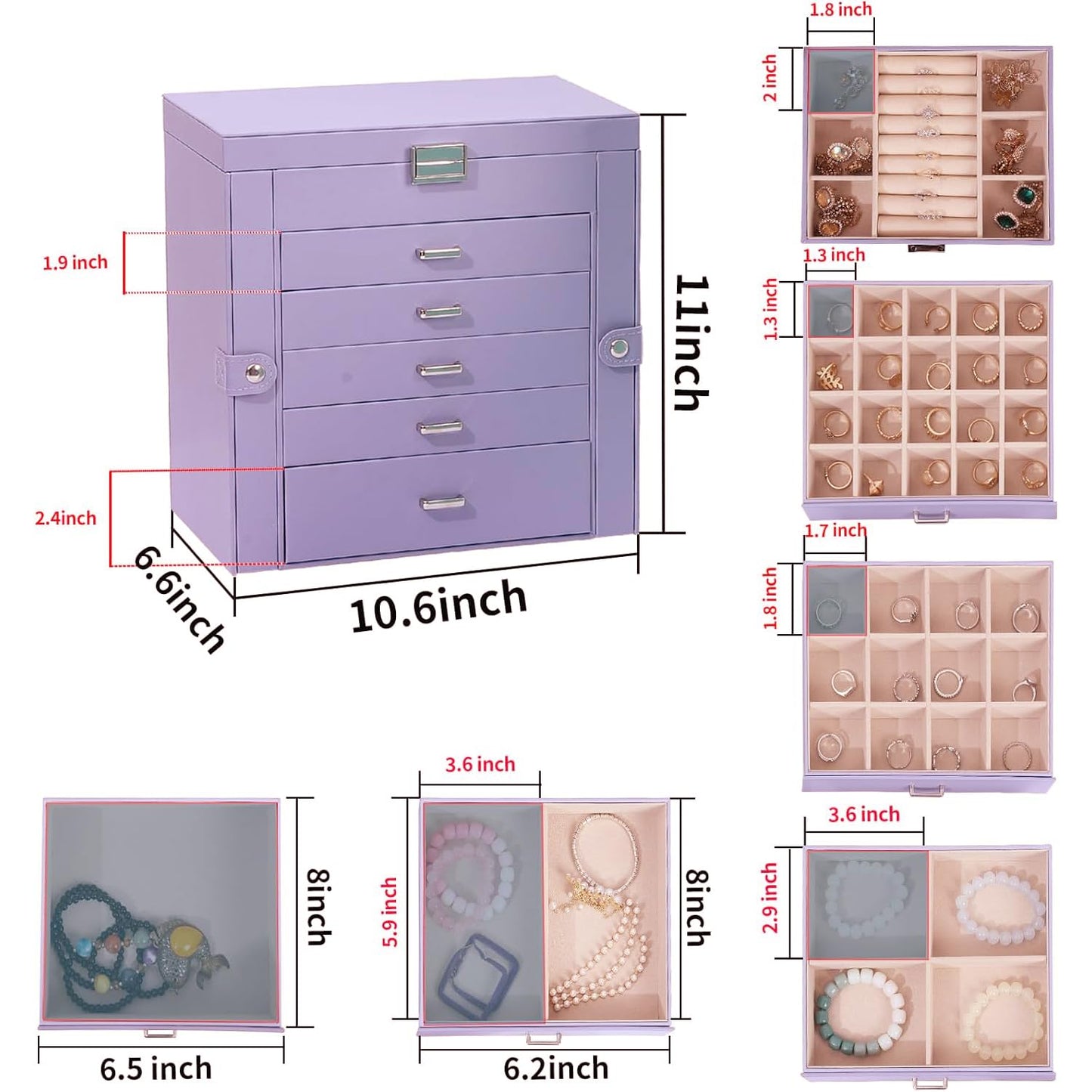 ASINGYER Jewelry Box for Women, 6 Layer Large Jewelry Holder Organizer with 5 Drawers for Jewelry Storage, Big Jewelry Box for Womens’ Christmas Gift (lavender)