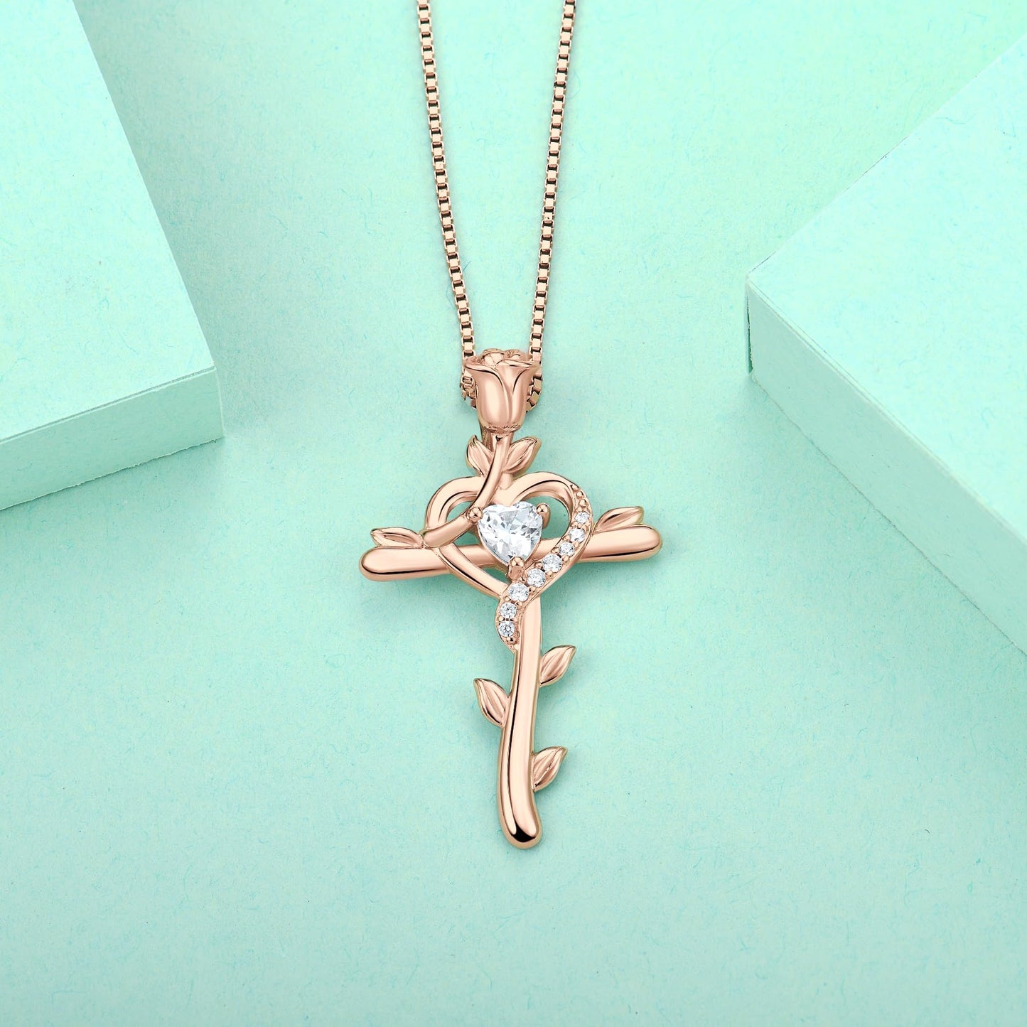 STARCHENIE Rose Cross Necklace, 925 Sterling Silver 14K Rose Gold Plated, Cubic Zirconia Heart Pendant, Crucifix Jewelry Gift for Women