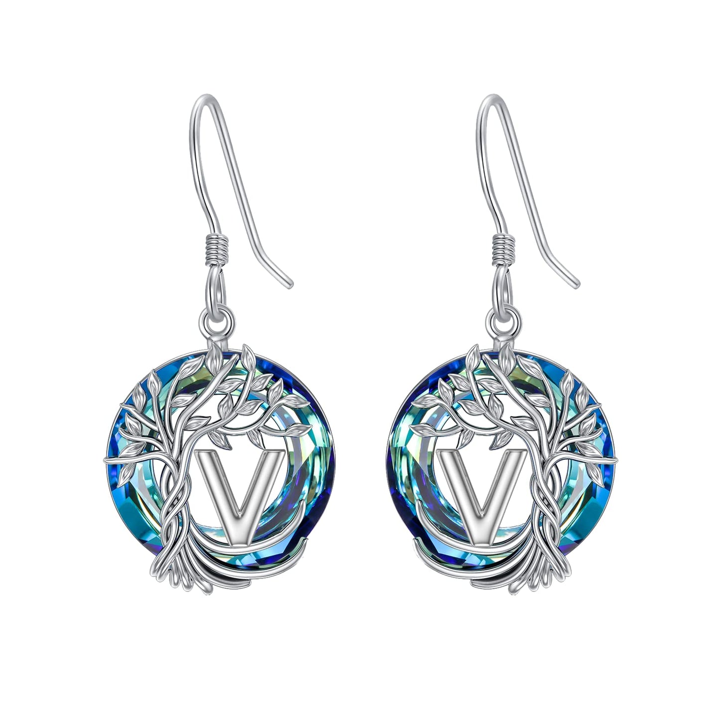 TOUPOP Tree of Life Initial Earrings Sterling Silver Initial V Letter Drop Dangle Earrings Blue Circle Crystal Family Tree Jewelry Birthday Mothers Day Gifts for Women Mom Her