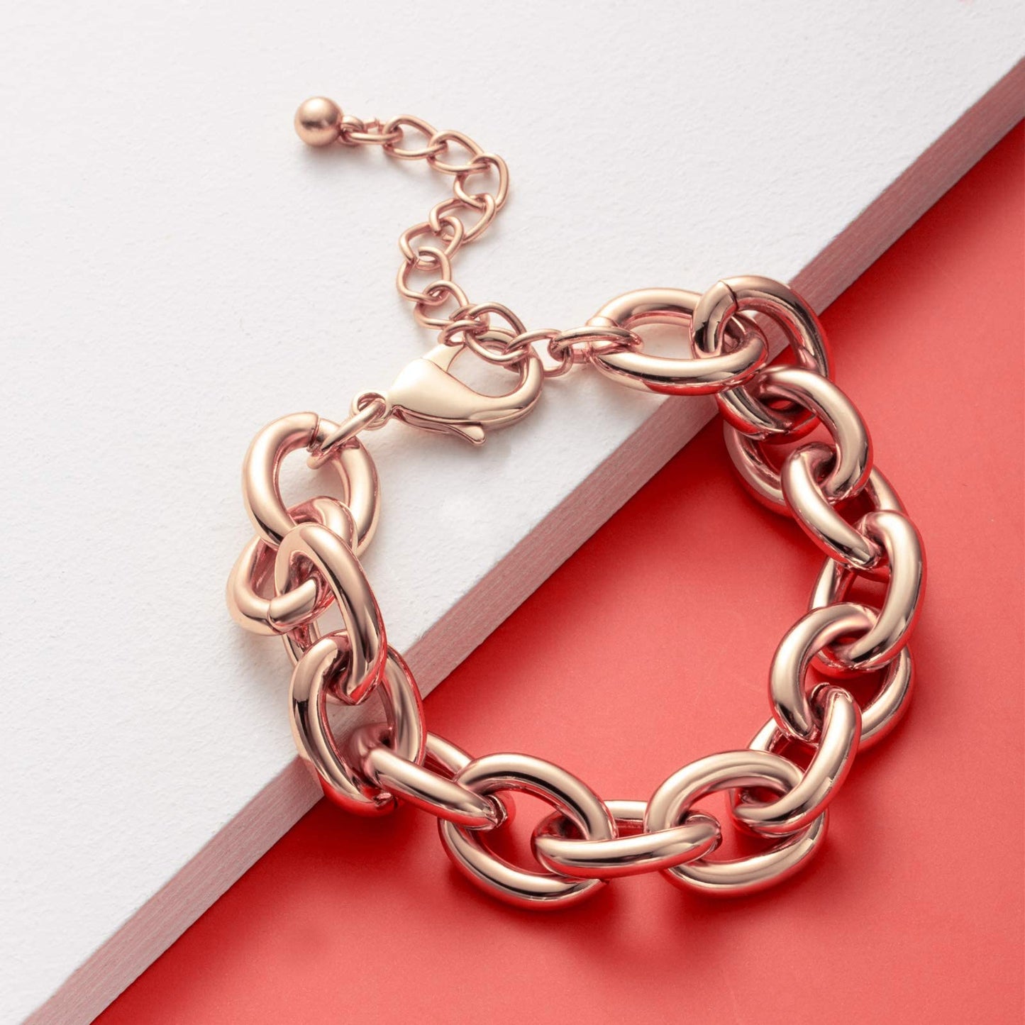 LANE WOODS Gold Bracelets for Women 14k Gold Plated Chunky Thick Large Link Chain Bracelet (Rose Gold)