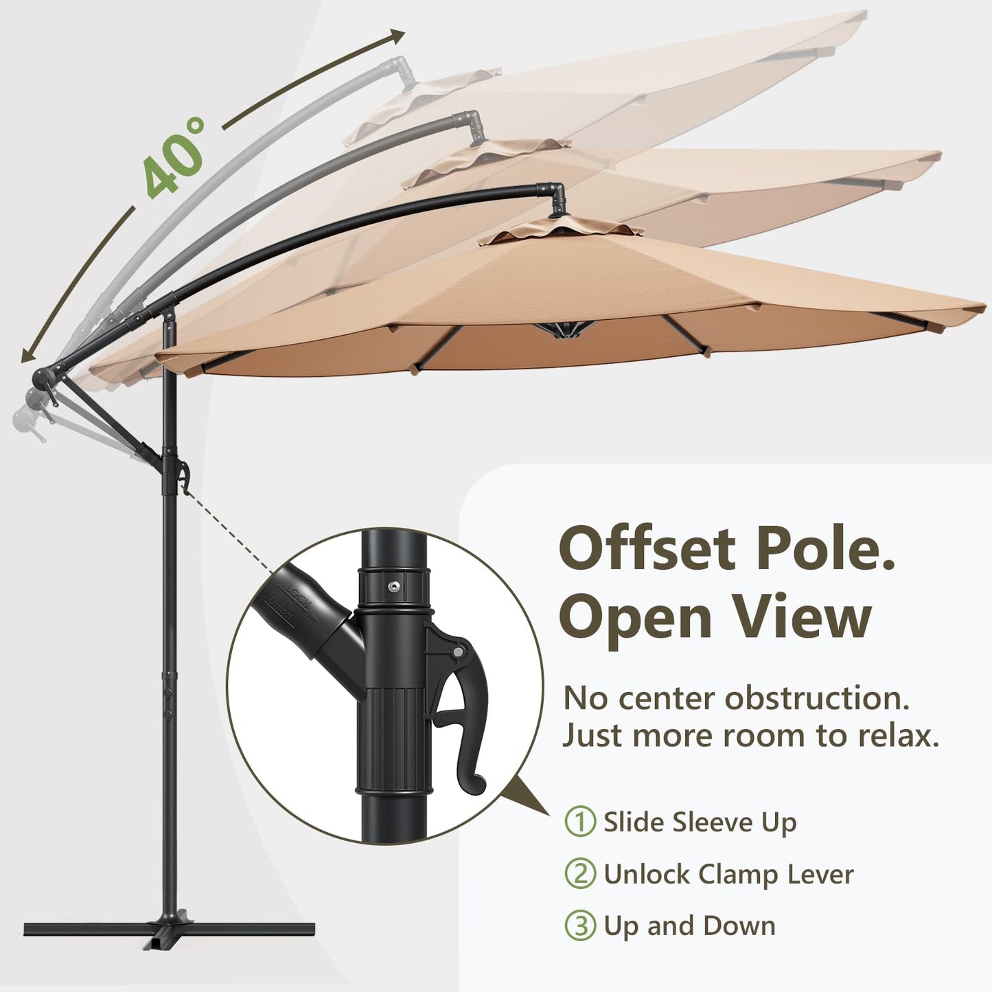 MAKE CHANGES 10FT Patio Umbrella, Cantilever Outdoor Umbrella with 360° Rotation & Tilt Adjustment, Offset Patio Umbrella with UV-Resistant Waterproof Canopy for Backyard, Pool, Garden, Khaki