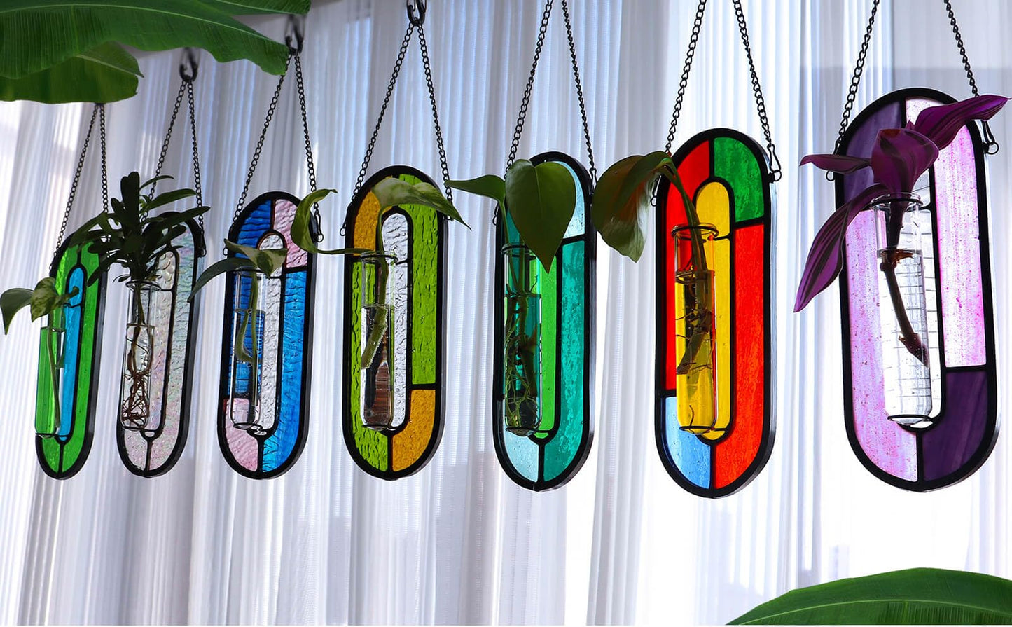 LITMIND Hanging Planter Terrarium with Vibrant Stained Glass Suncatcher Elements, Hydroponic Mini Plants Propagation Station - Perfect for Home & Garden Decor, Includes 2 Glass Propagation Tube