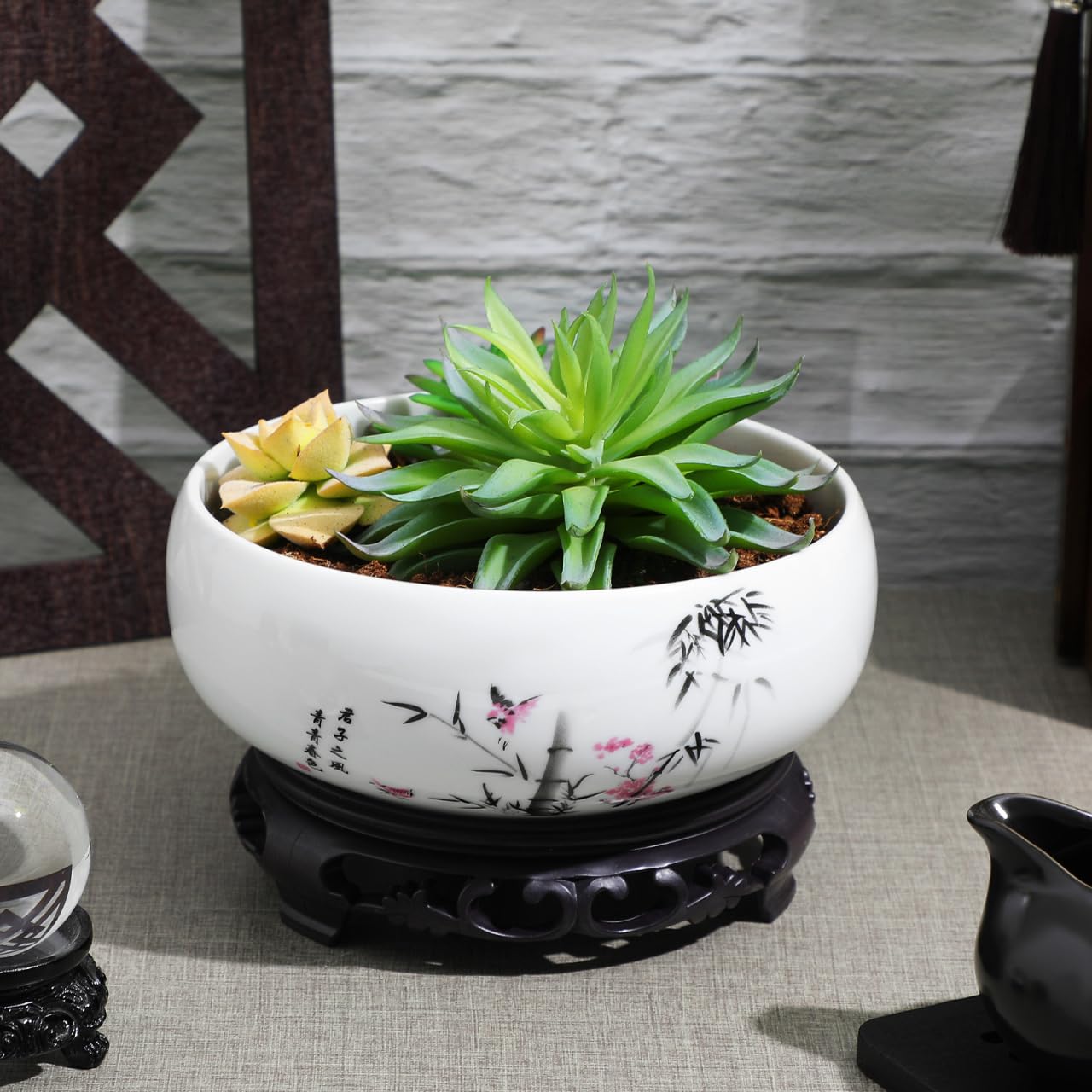 YARNOW Ceramic Lotus Bowl Planter with Stand - 6.9 Inch Water Lily Bowl for Home Office Garden Decor, No-Drainage Hole