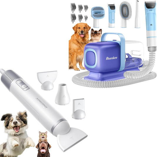 buenkee Dog Grooming Kit with Pet Grooming Vacuum, Clipper Blue with Handheld Dog Blow Dryer for Pet Grooming MAS521 White