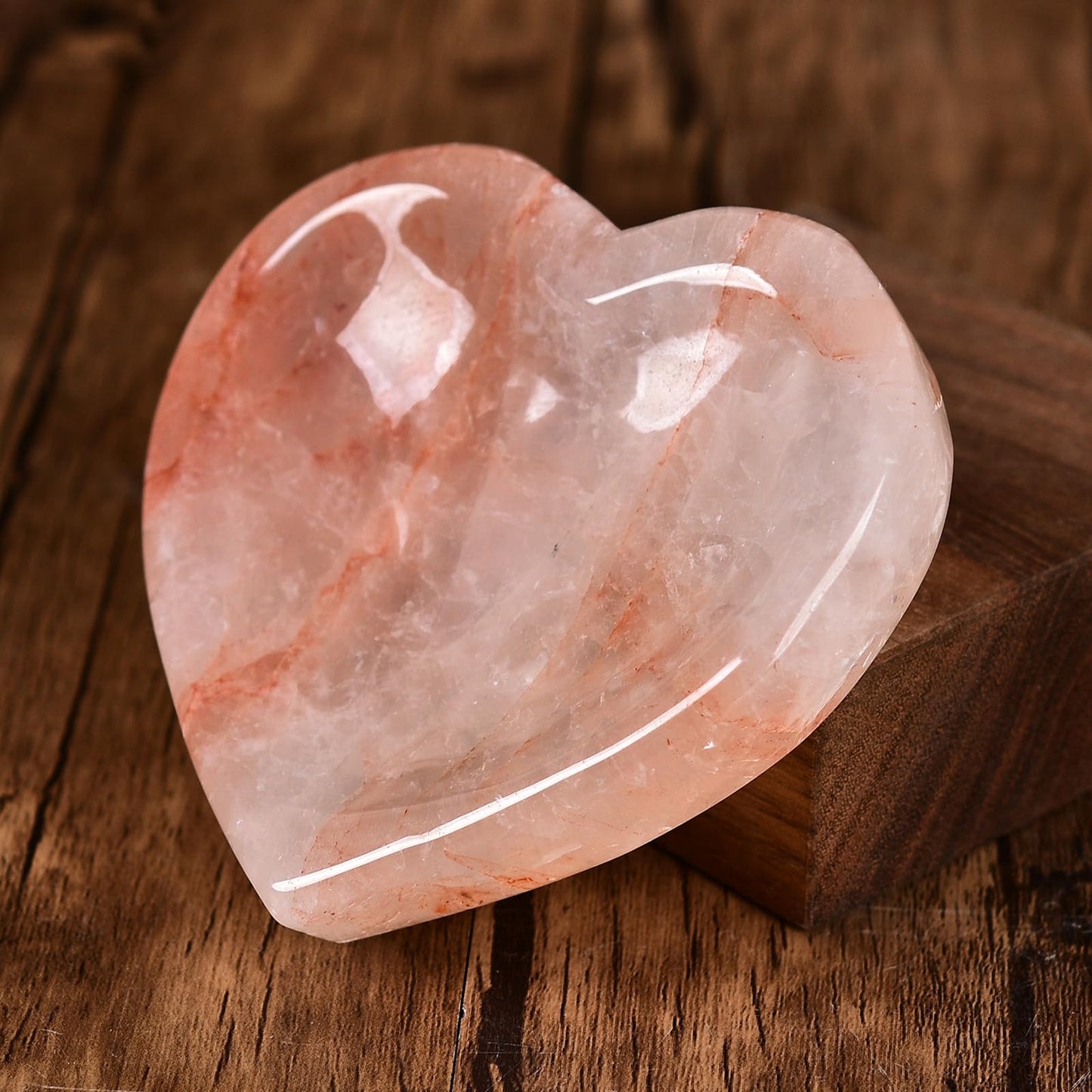 JIC Gem Natural Crystal Bowl Red Hematoid Quartz Heart Shape Healing Crystal Stone Decorative Bowl Jewelry Tray Home Office Decor