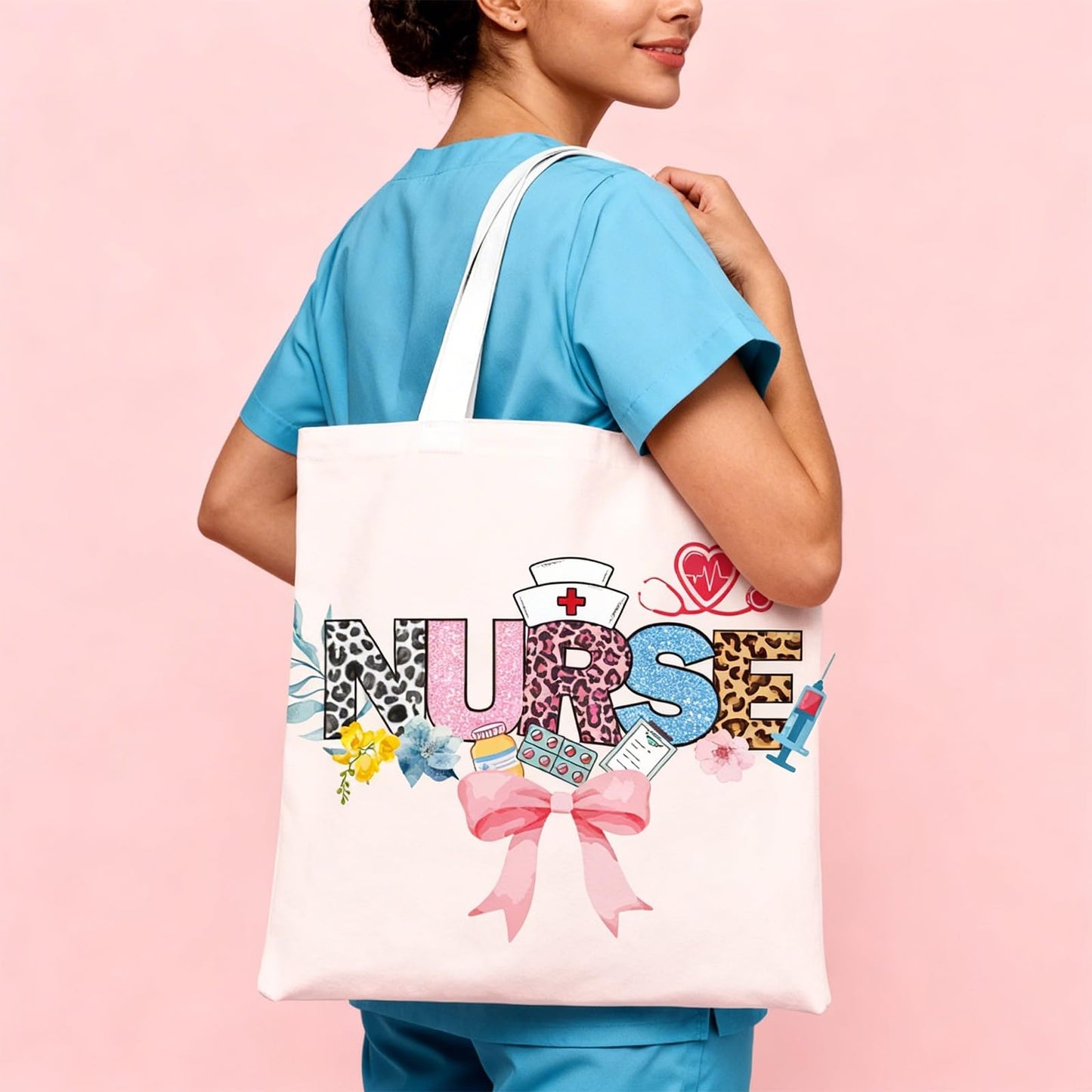 VeloKomo Nurse Gifts for Women - 5 Pcs Canvas Tote Bag Makeup Bag Glass Cup Keychain with Greeting Card Set Appreciation Graduation Retirement Nurses Week Gift for Nursing Student Daughter Coworkers