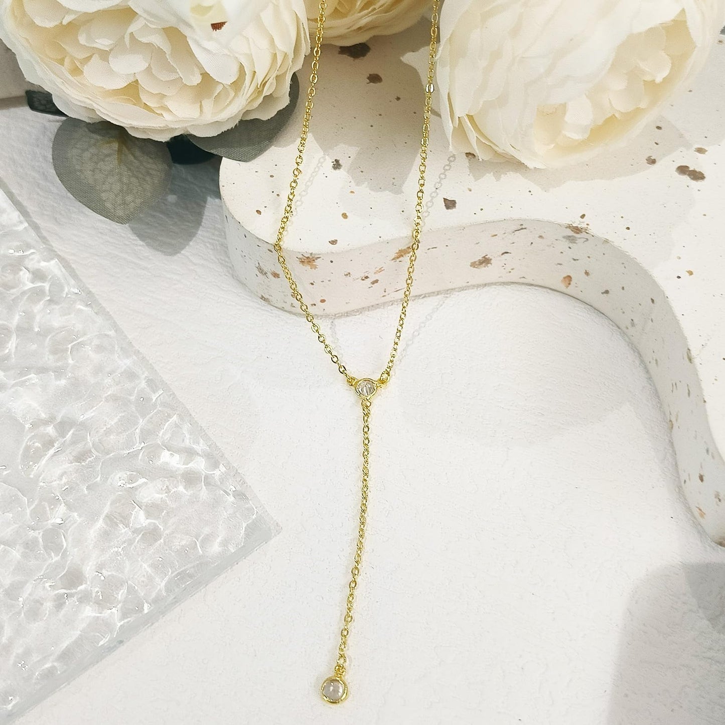HERIER Lariat Gold Necklace for Women 14k Gold Plated Dainty Long Y Necklaces CZ Pendant Drop Choker Necklace Trendy Simple Gold Jewelry for Women