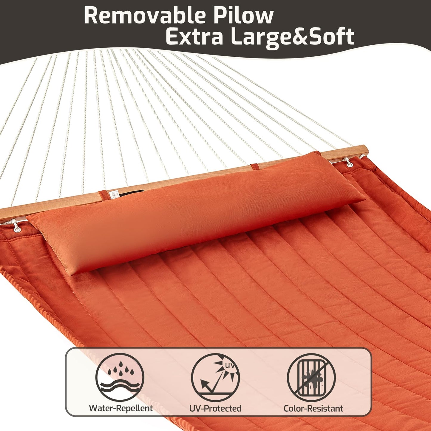 CHULIM Double Quilted Fabric Hammock with Hardwood Spreader Bars and Pillow 450 LBS Capacity 2 Person Large Hammock for Outdoor Patio Backyard Poolside - Terracotta