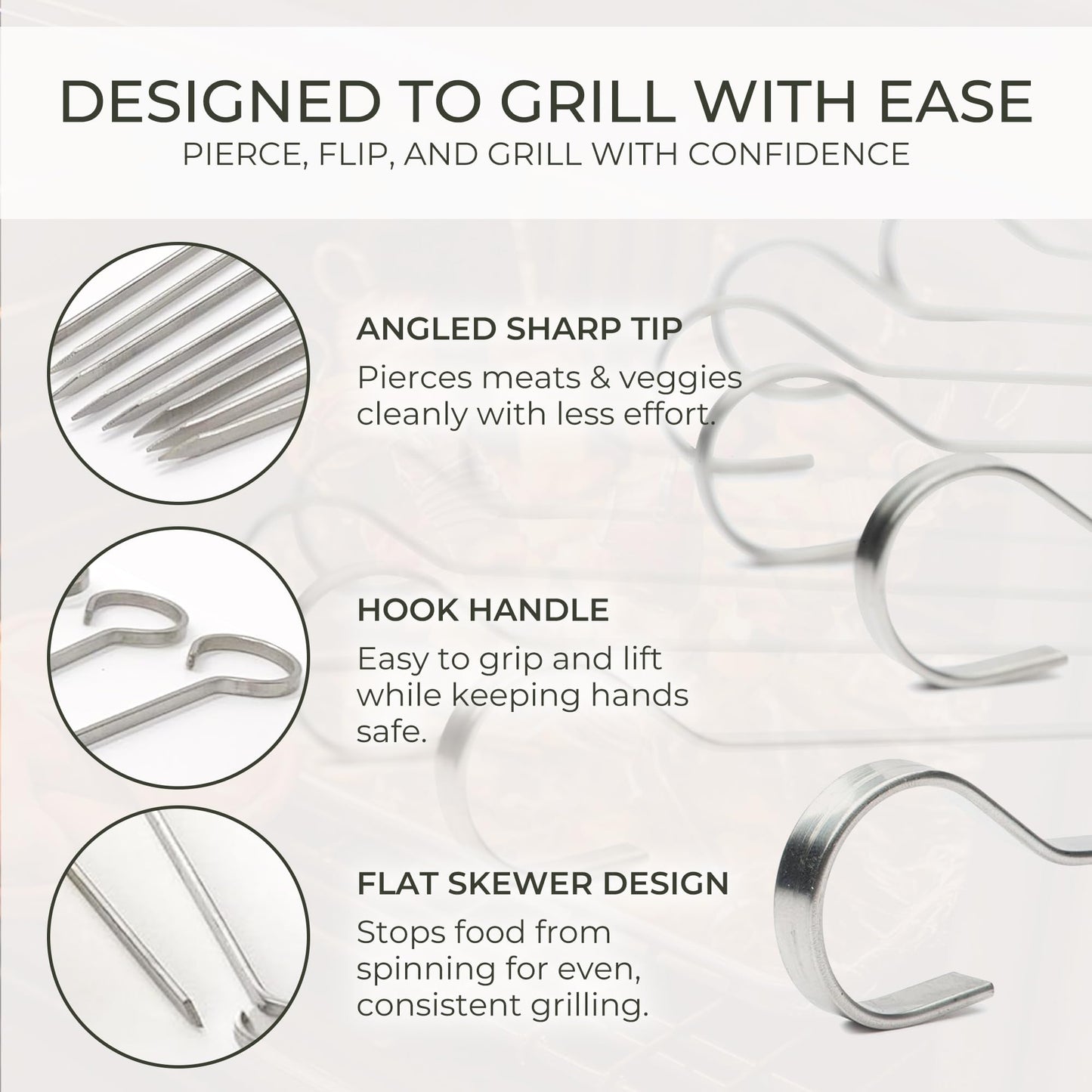 O-Yaki Flat Metal Kabob Skewer for Grilling – Set of 8 BBQ Skewers Stainless Steel with Storage Bag, Dishwasher Safe Skewers with Hook Handle & Sharp Tip for BBQ, Cookouts & Oven Use – 12 Inch