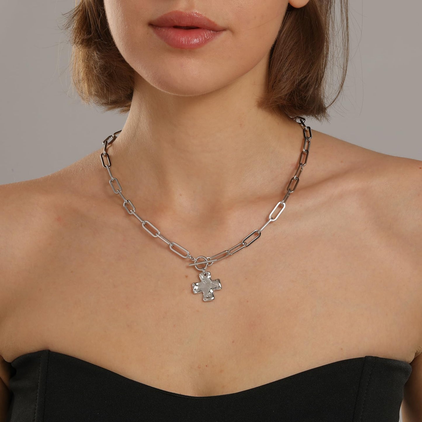 Bheop Chunky Cross Necklace for Women Trendy Silver Plated Statement Cross Pendant Charm Necklace Toggle Clasp Long Big Paperclip Faith Chain Costume Jewelry Gift Non Tarnish 2CM
