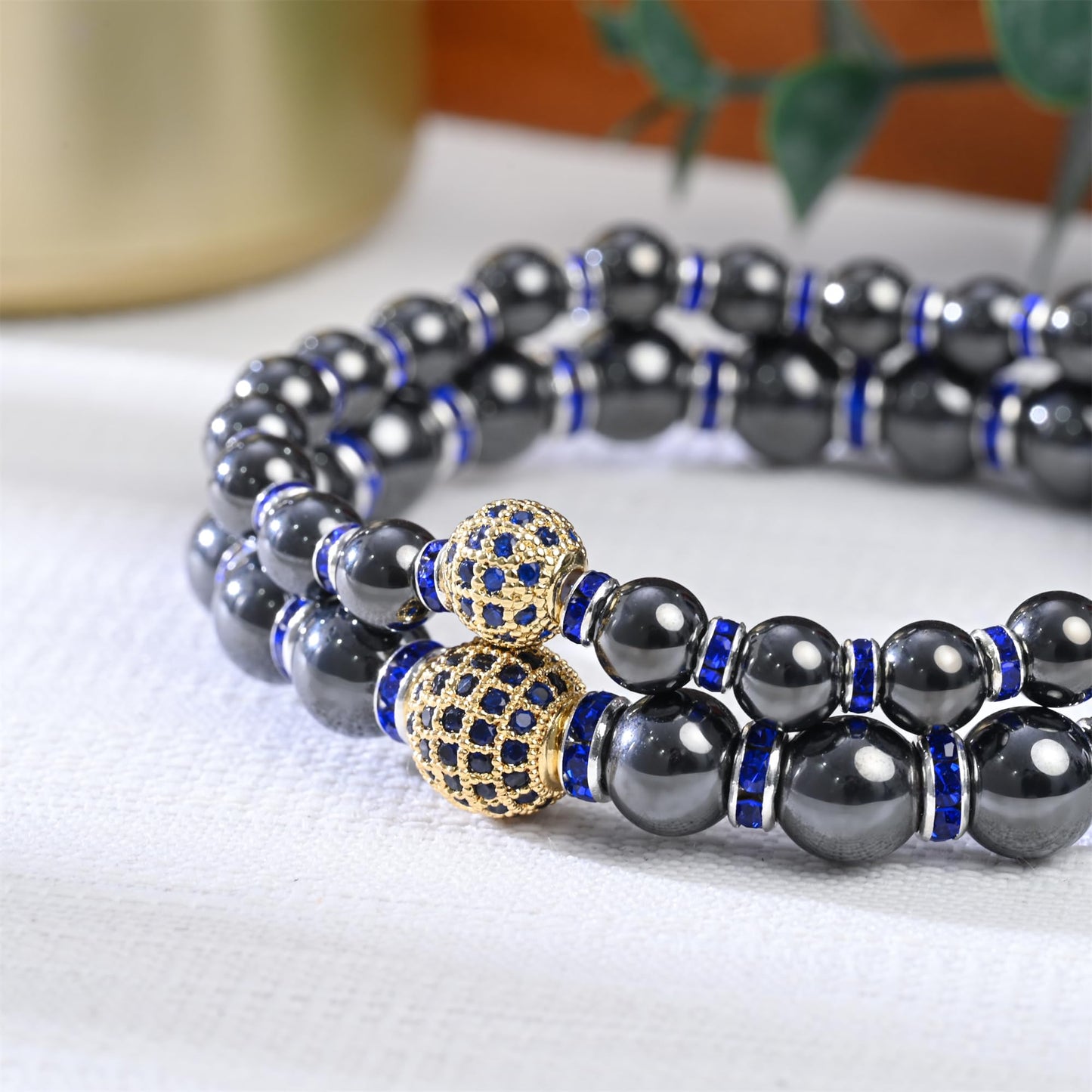 Apocalyptic-K Women's Magnetic Bracelet，Hematite Bracelets，Magnetic Bracelets With Zirconia,Handmade Stretch Bracelet，Eliminates static electricity. (8MM Blue &10MM Zirconia)